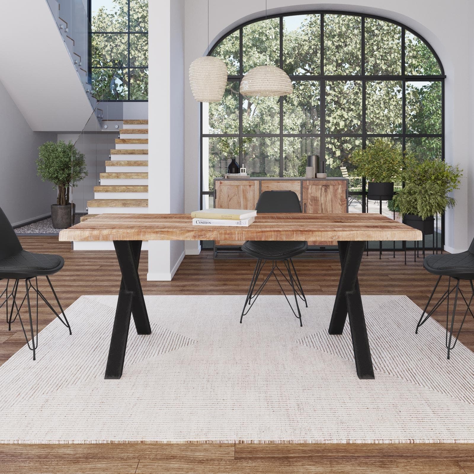 Tavolo 180x90 cm piano in legno di acacia 55 mm e gambe a X 8x4 in metallo nero - Freia Acacia