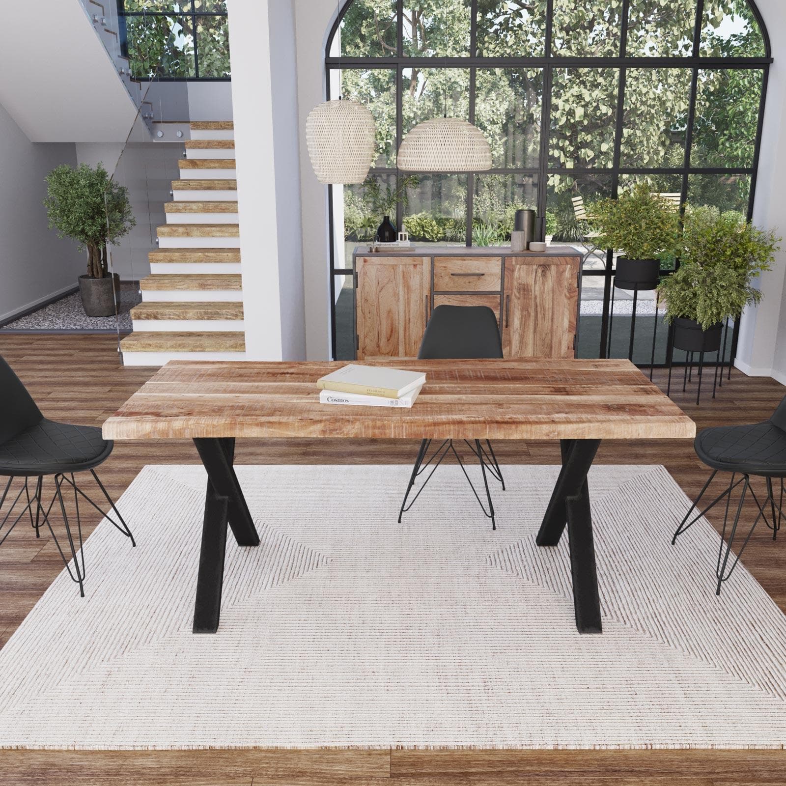 Tavolo 180x90 cm piano in legno di acacia 55 mm e gambe a X 8x4 in metallo nero - Freia Acacia