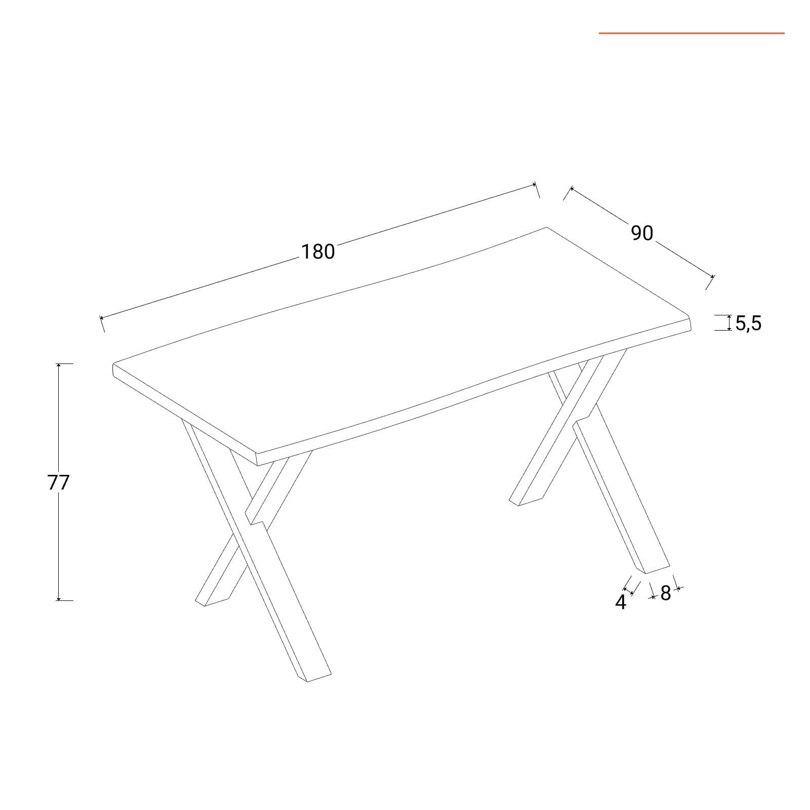 Tavolo 180x90 cm piano in legno di acacia 55 mm e gambe a X 8x4 in metallo nero - Freia Acacia