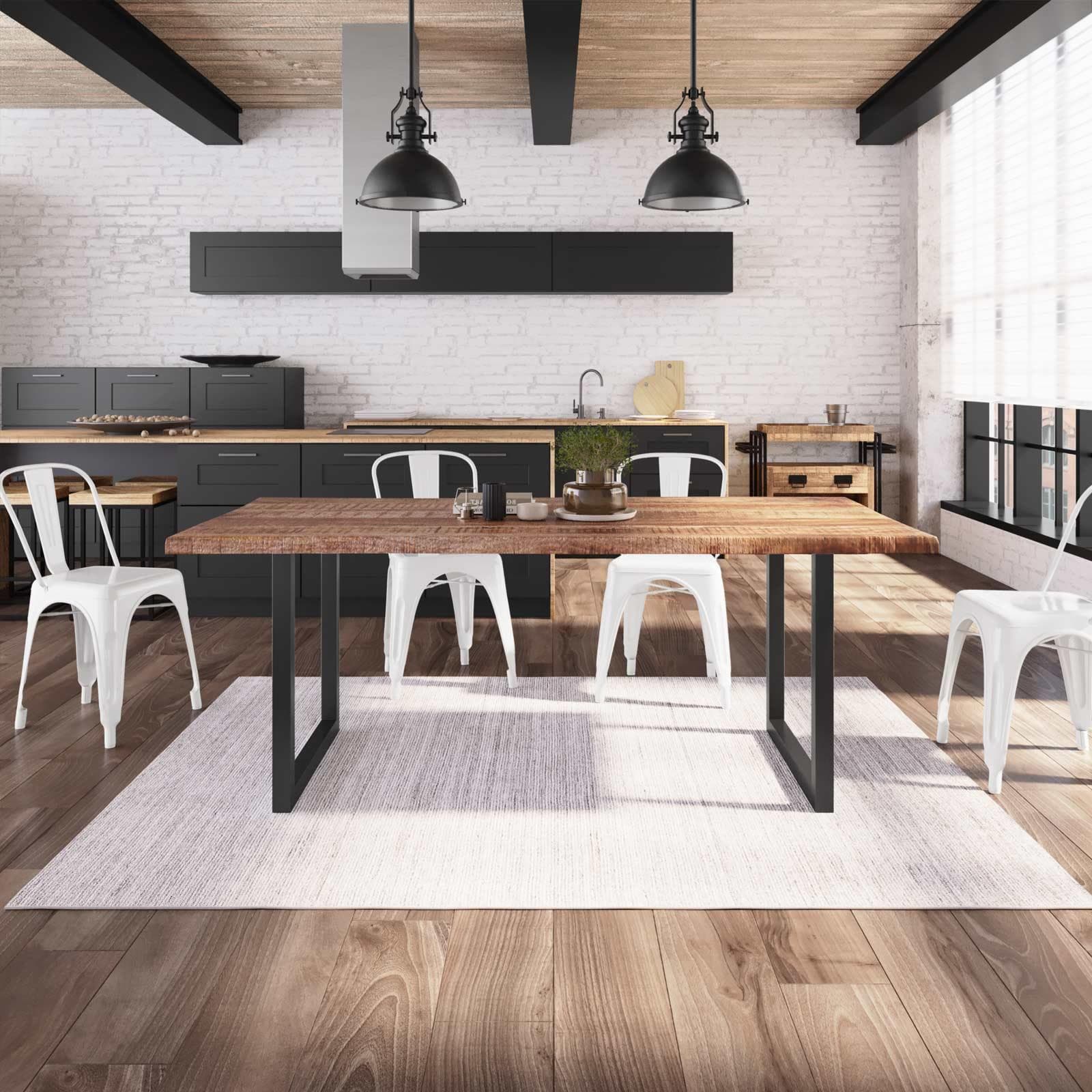 Tavolo 200x100 cm piano in legno di mango 26 mm e gambe a U 5x5 in metallo nero - Freia Mango