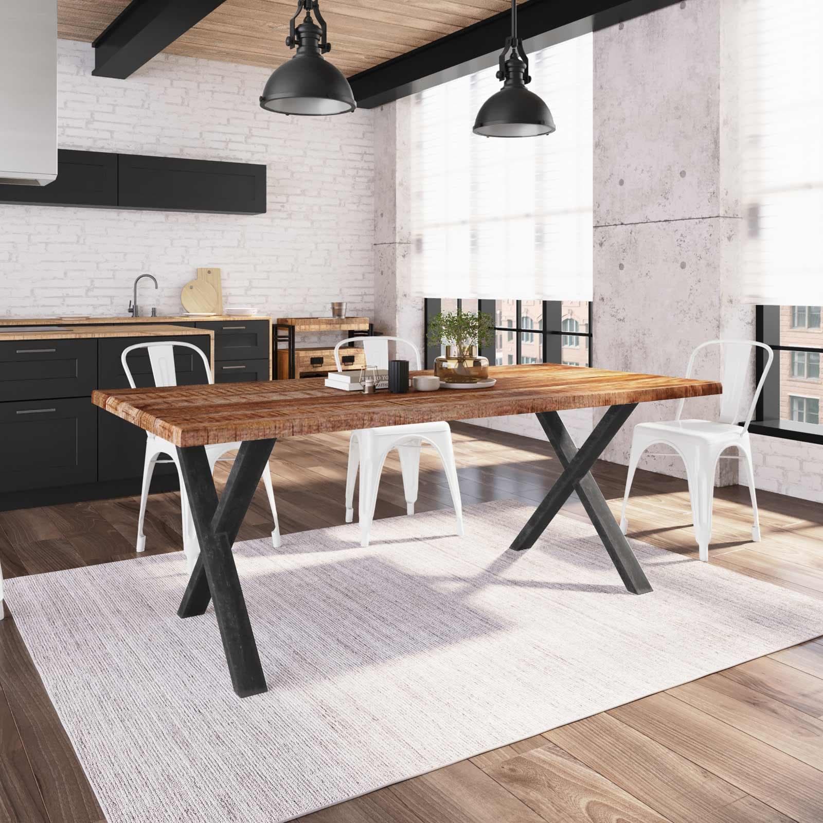 Tavolo 200x100 cm piano in legno di mango 26 mm e gambe a X 8x4 in metallo nero - Freia Mango