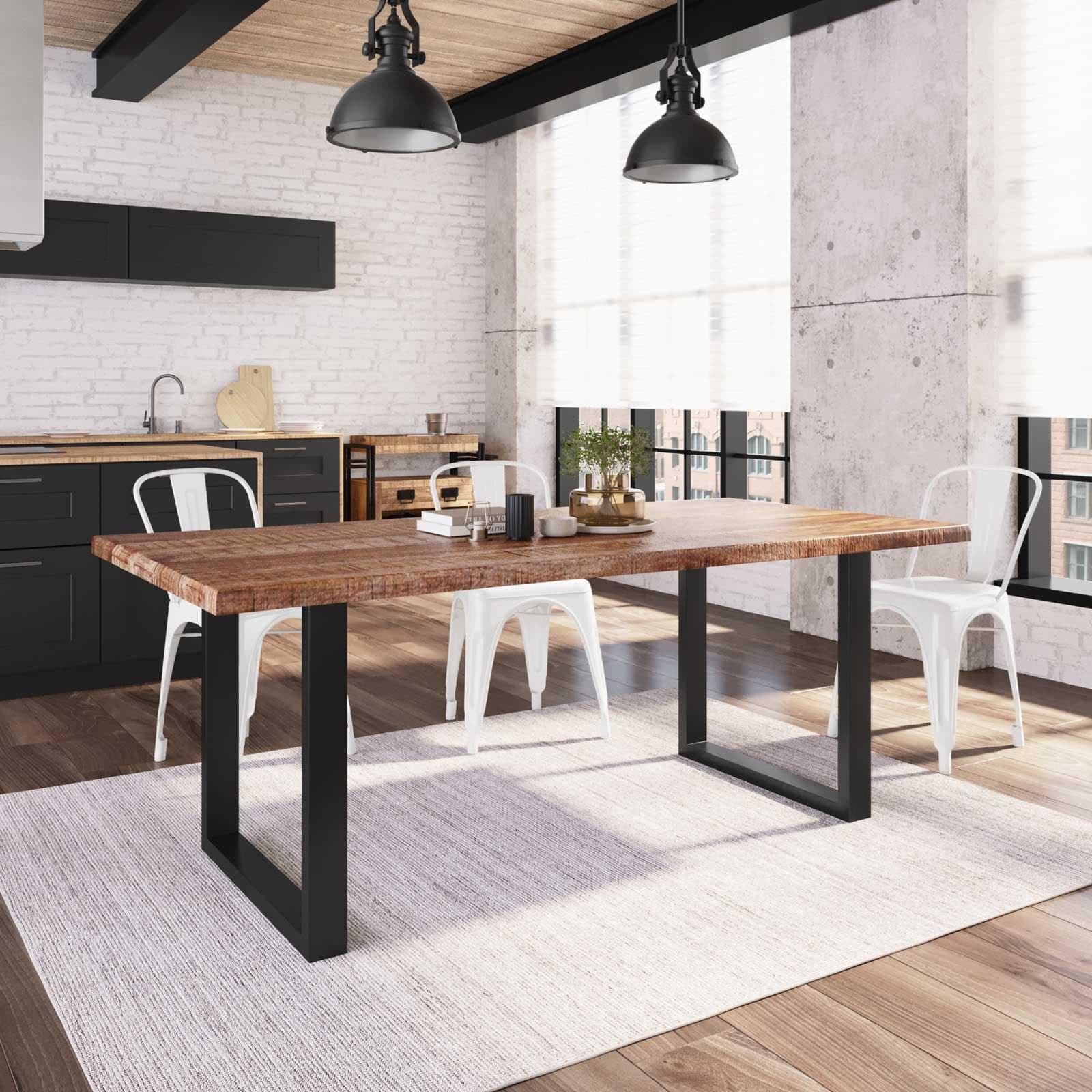 Tavolo 200x100 cm piano in legno di mango 26 mm e gambe a U 8x4 in metallo nero - Freia Mango