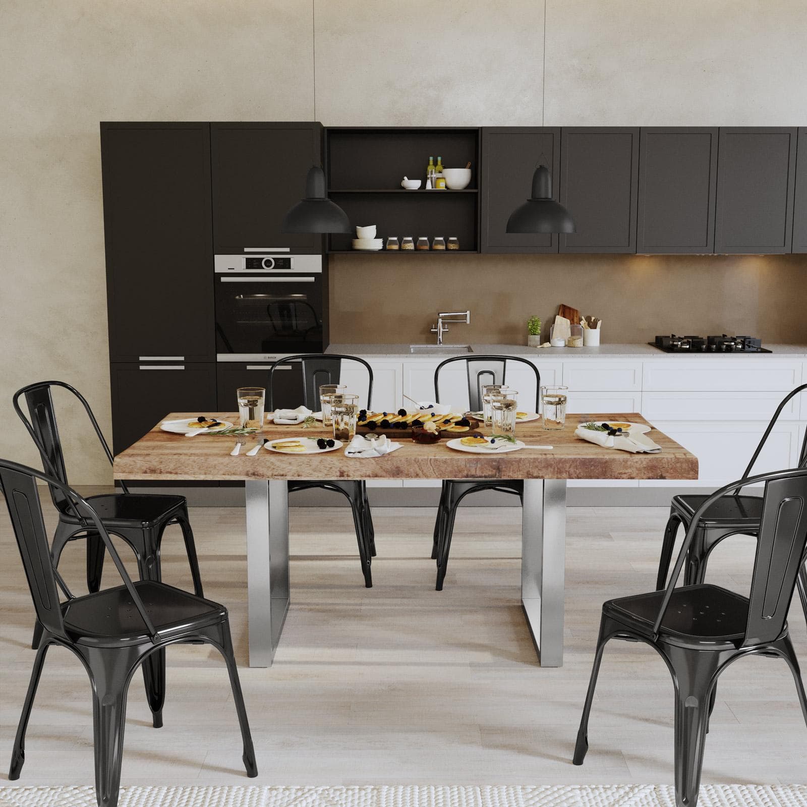 Tavolo 200x100 cm top scatolato in legno di mango 80 mm e gambe a U 5x5 in metallo cromo - Freia Mango