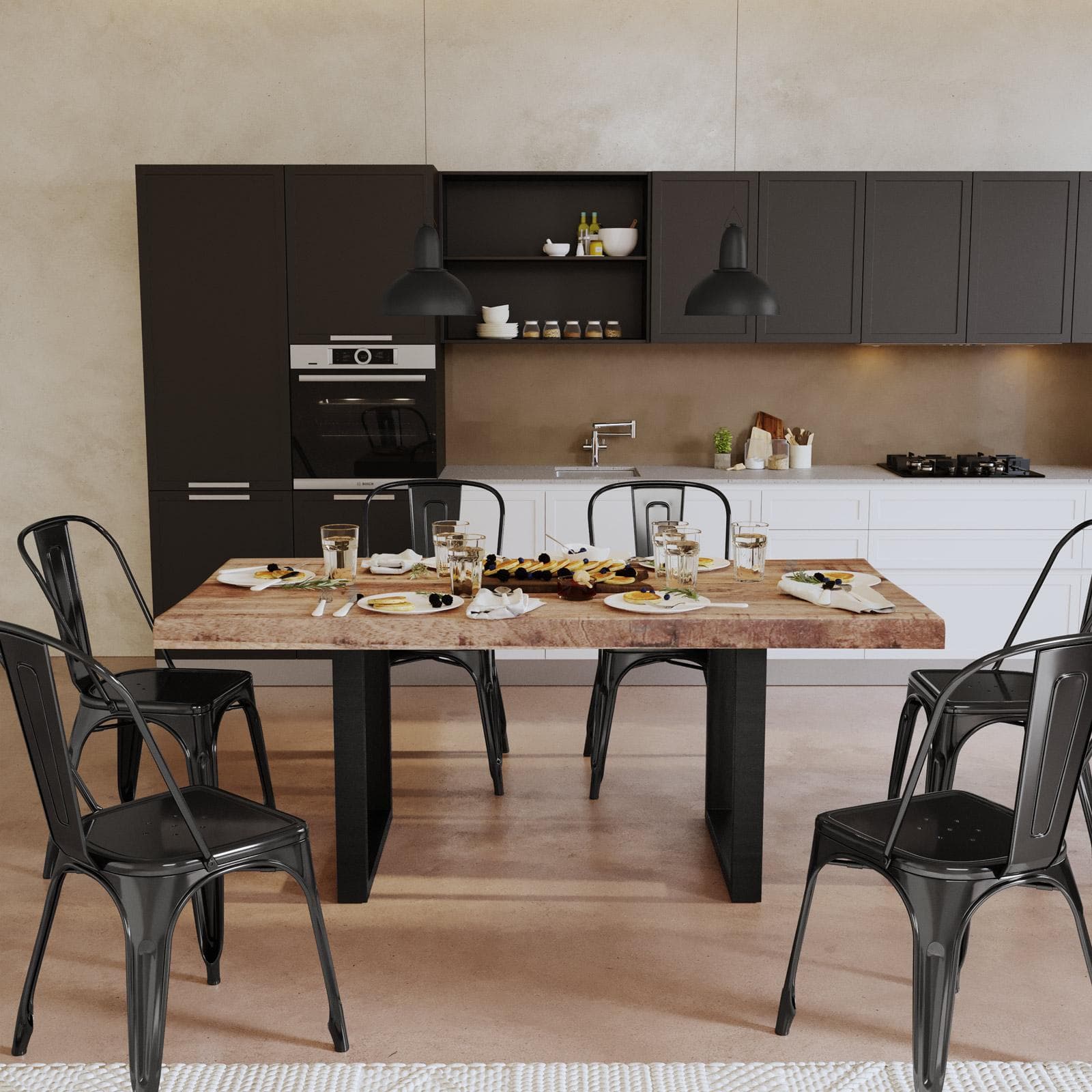 Tavolo 200x100 cm top scatolato in legno di mango 80 mm e gambe a U 5x5 in metallo nero - Freia Mango