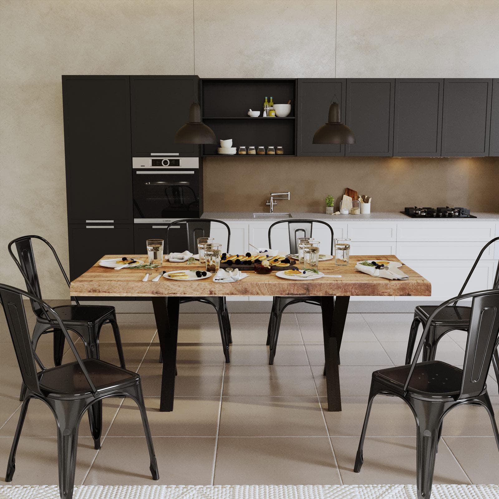 Tavolo 200x100 cm top scatolato in legno di mango 80 mm e gambe a X 8x4 in metallo nero - Freia Mango