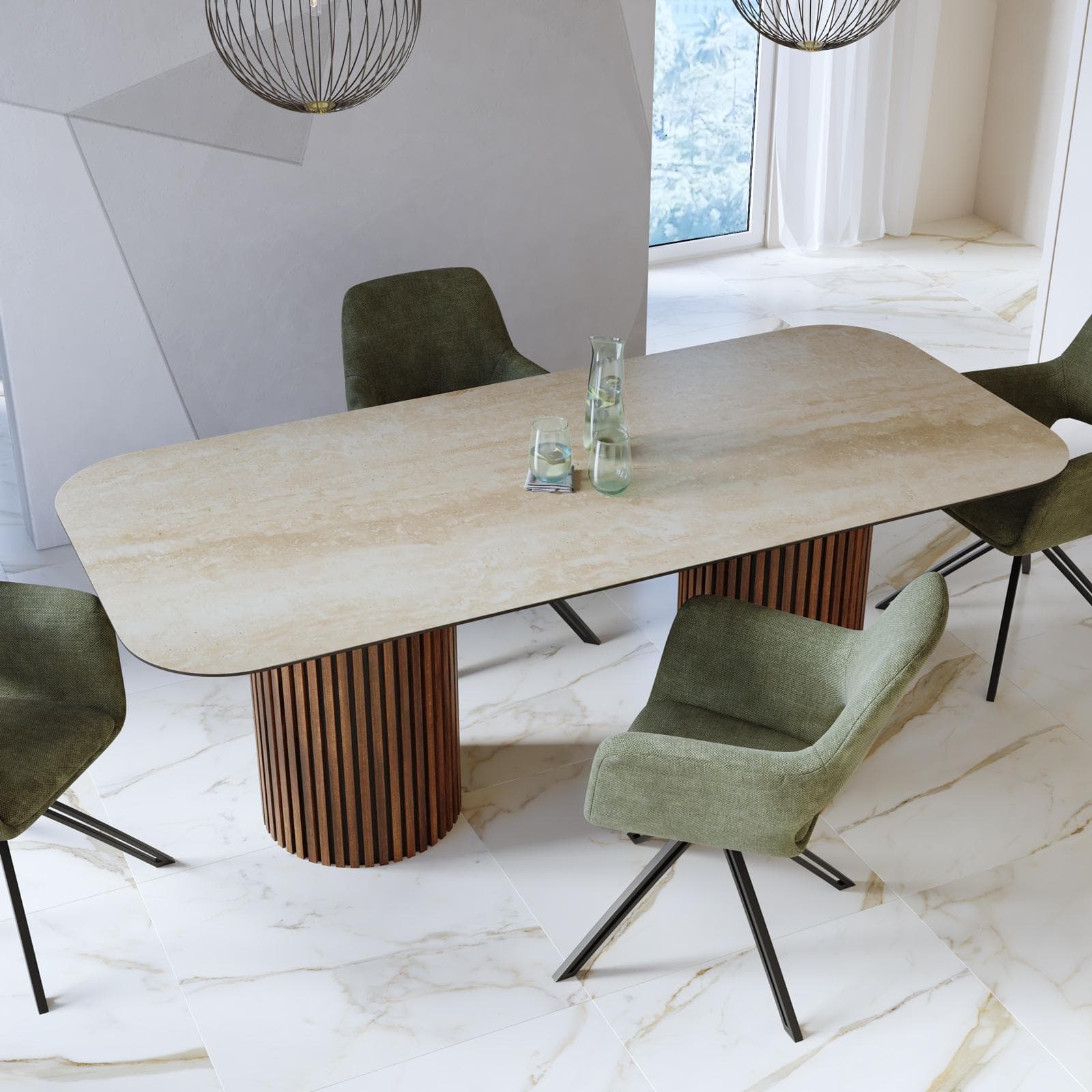 Tavolo 220x100 cm con top effetto travertino beige e base cannettata noce - Truman