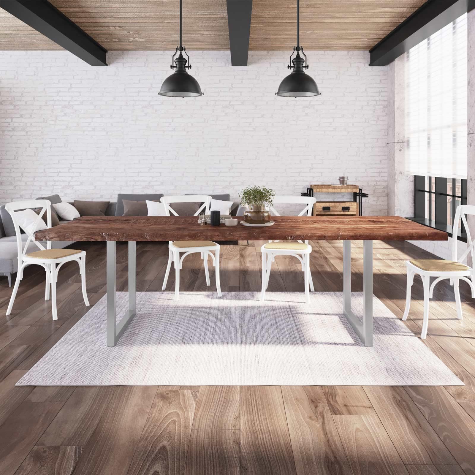 Tavolo 260x100 cm piano in legno di acacia 50 mm e gambe a U 5x5 in metallo cromo - Freia Wood