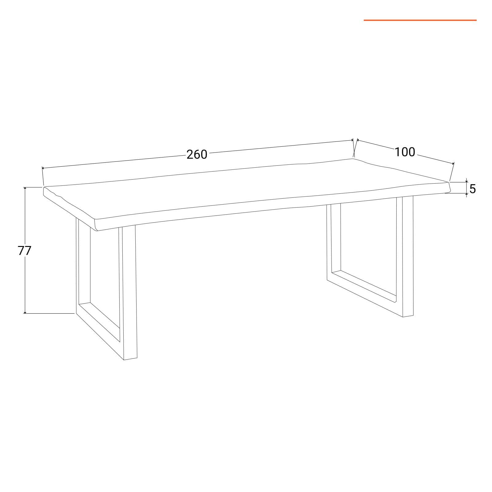 Tavolo 260x100 cm piano in legno di acacia 50 mm e gambe a U 5x5 in metallo cromo - Freia Wood