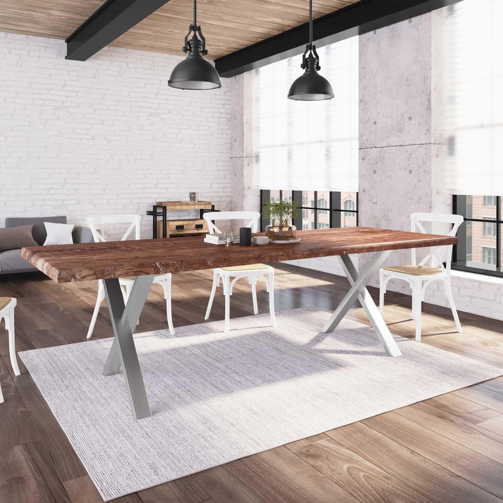 Tavolo 260x100 cm top 5 cm con gambe in acciaio a X 8x4 cm cromate - Freia Wood