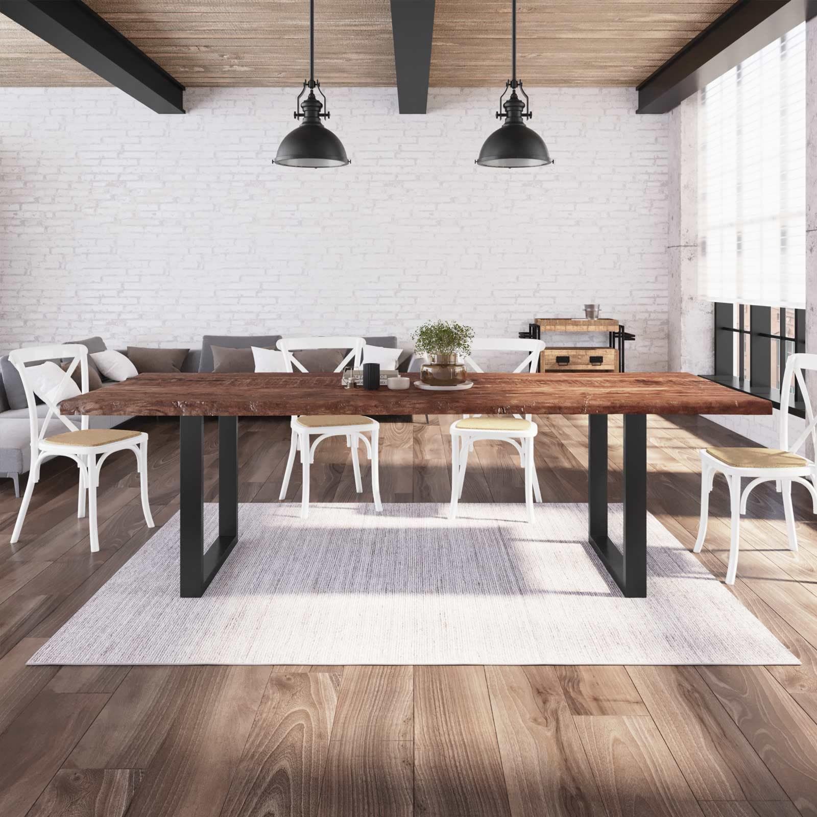 Tavolo 260x100 cm piano in legno di acacia 50 mm e gambe a U 8x4 in metallo nero - Freia Wood
