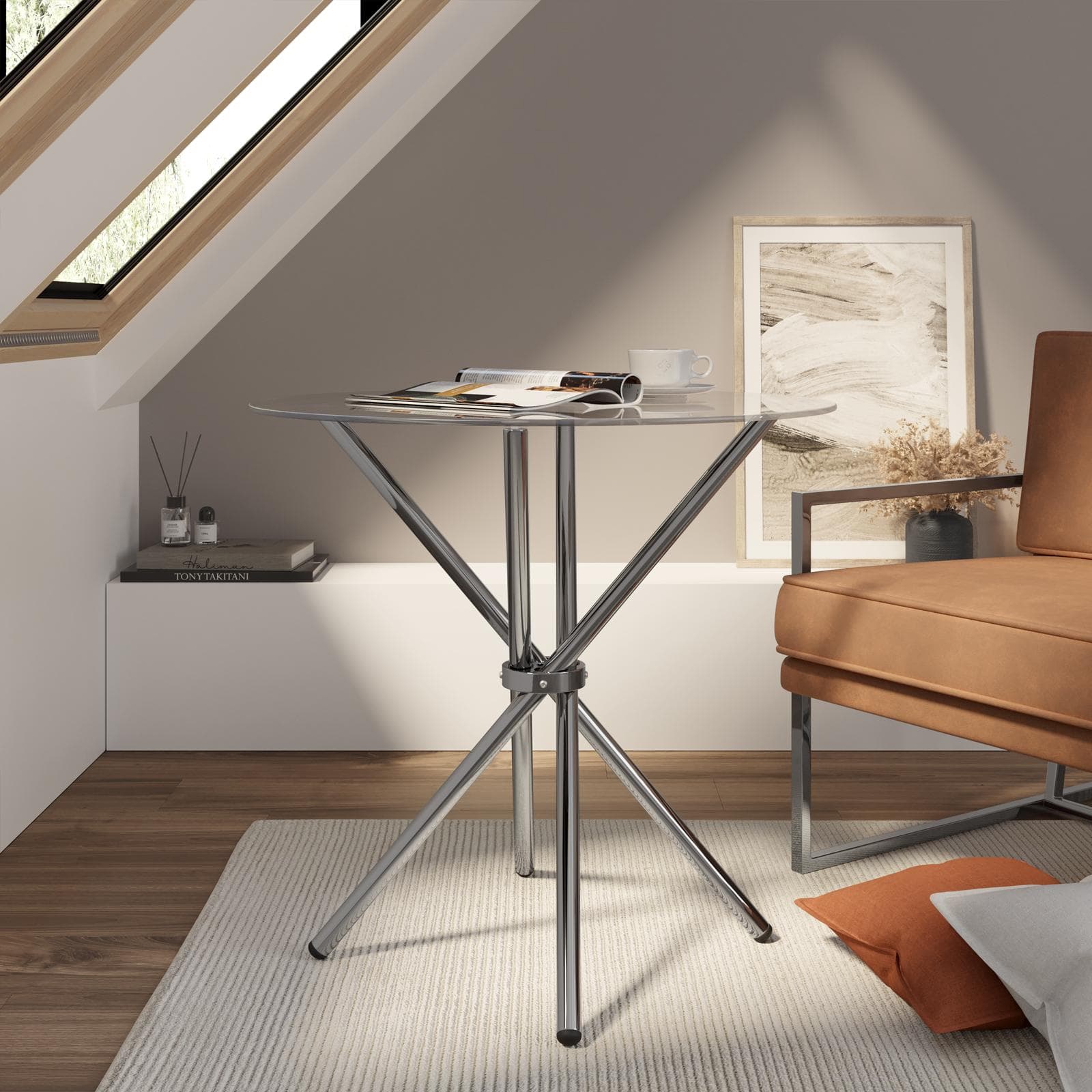 Tavolo rotondo 80 cm con piano in vetro e gambe cromo - Tarble