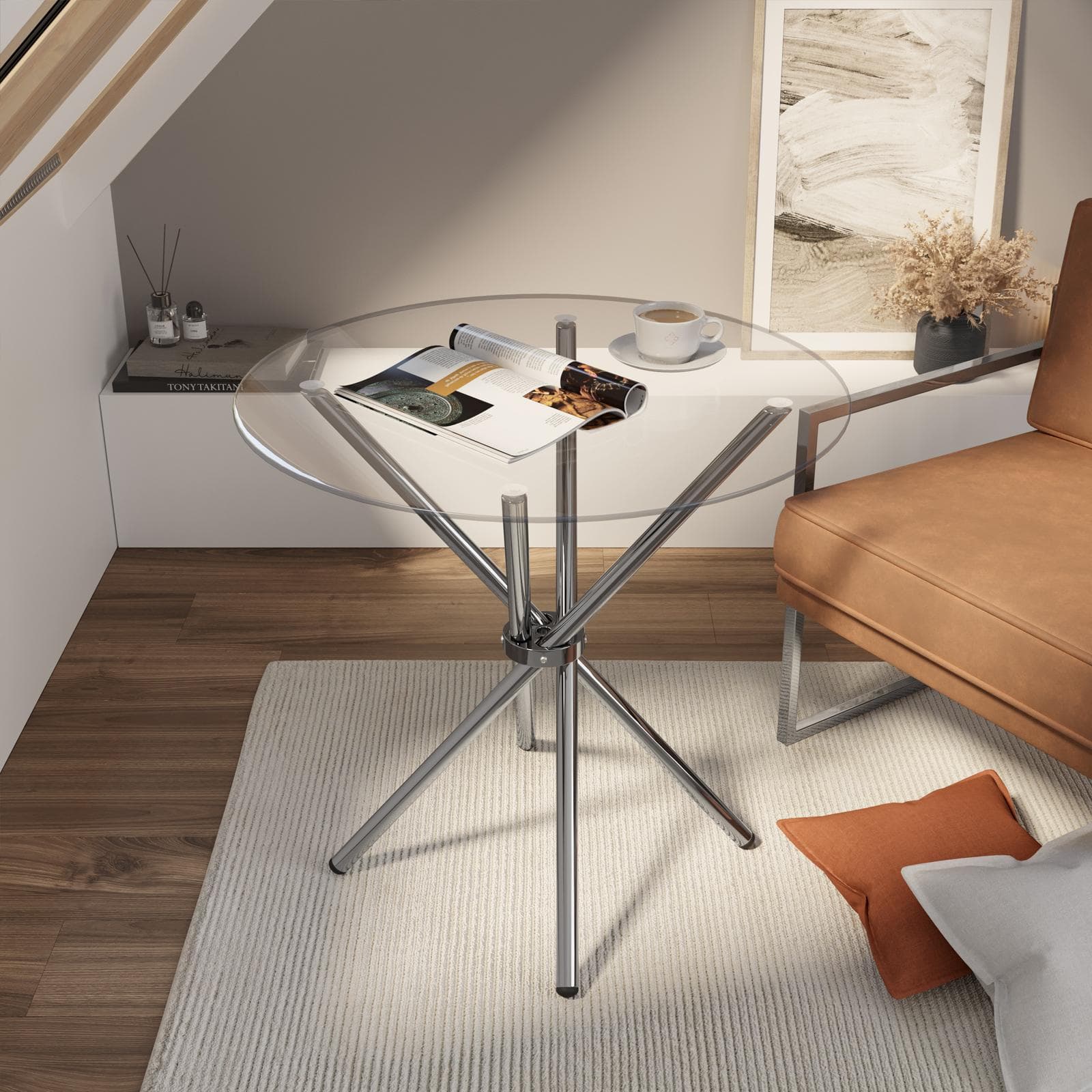 Tavolo rotondo 80 cm con piano in vetro e gambe cromo - Tarble