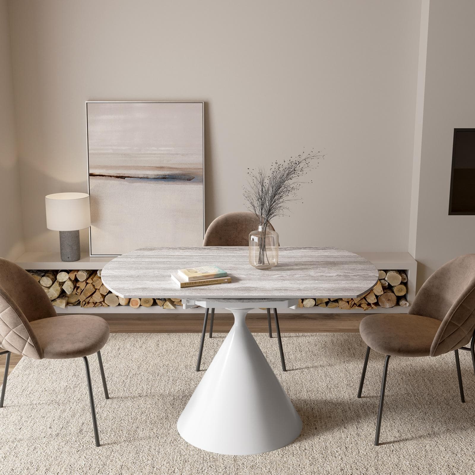 Tavolo allungabile 120x80-120 cm meccanismo girevole con top in ceramica effetto travertino beige e base bianca - Optimus