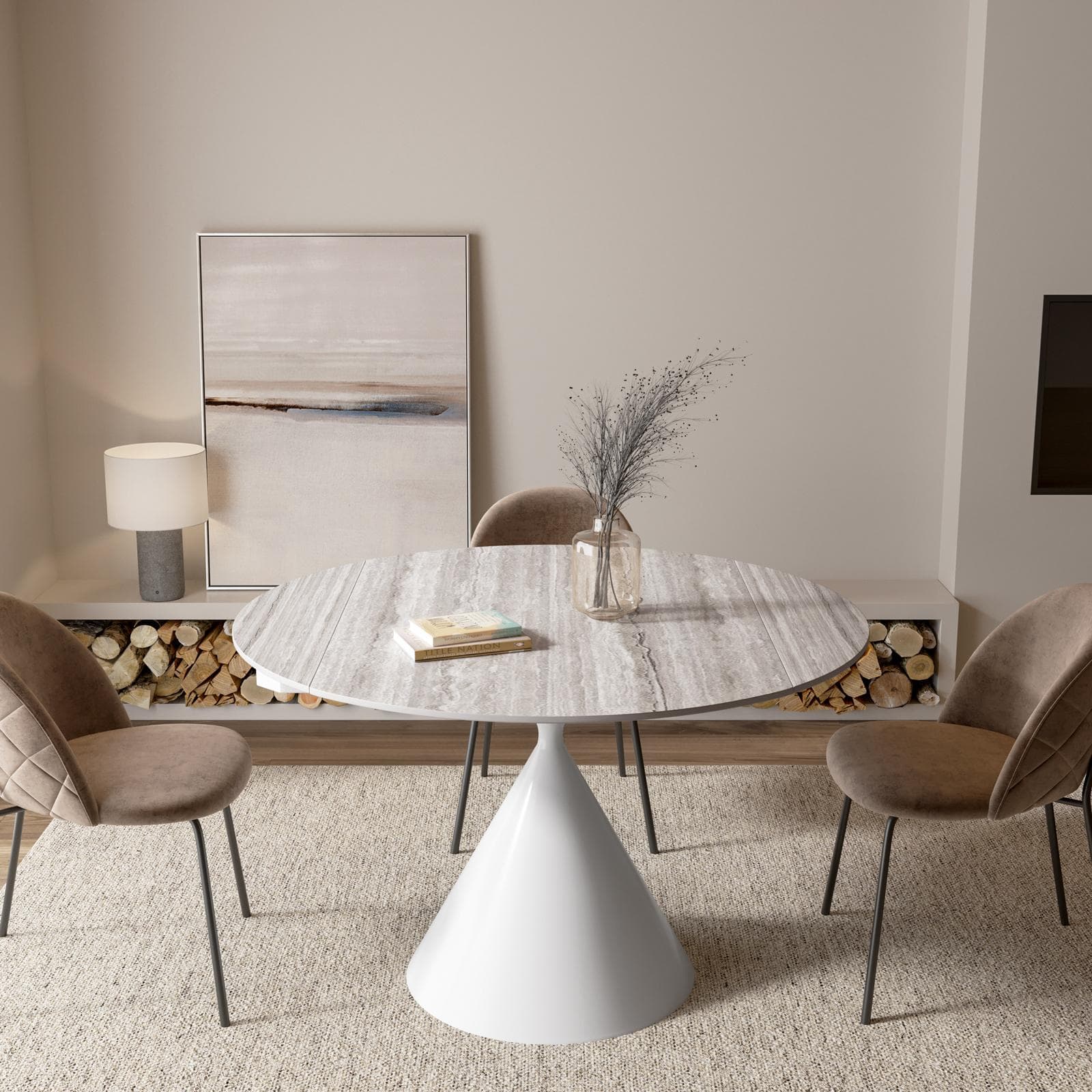 Tavolo allungabile 120x80-120 cm meccanismo girevole con top in ceramica effetto travertino beige e base bianca - Optimus