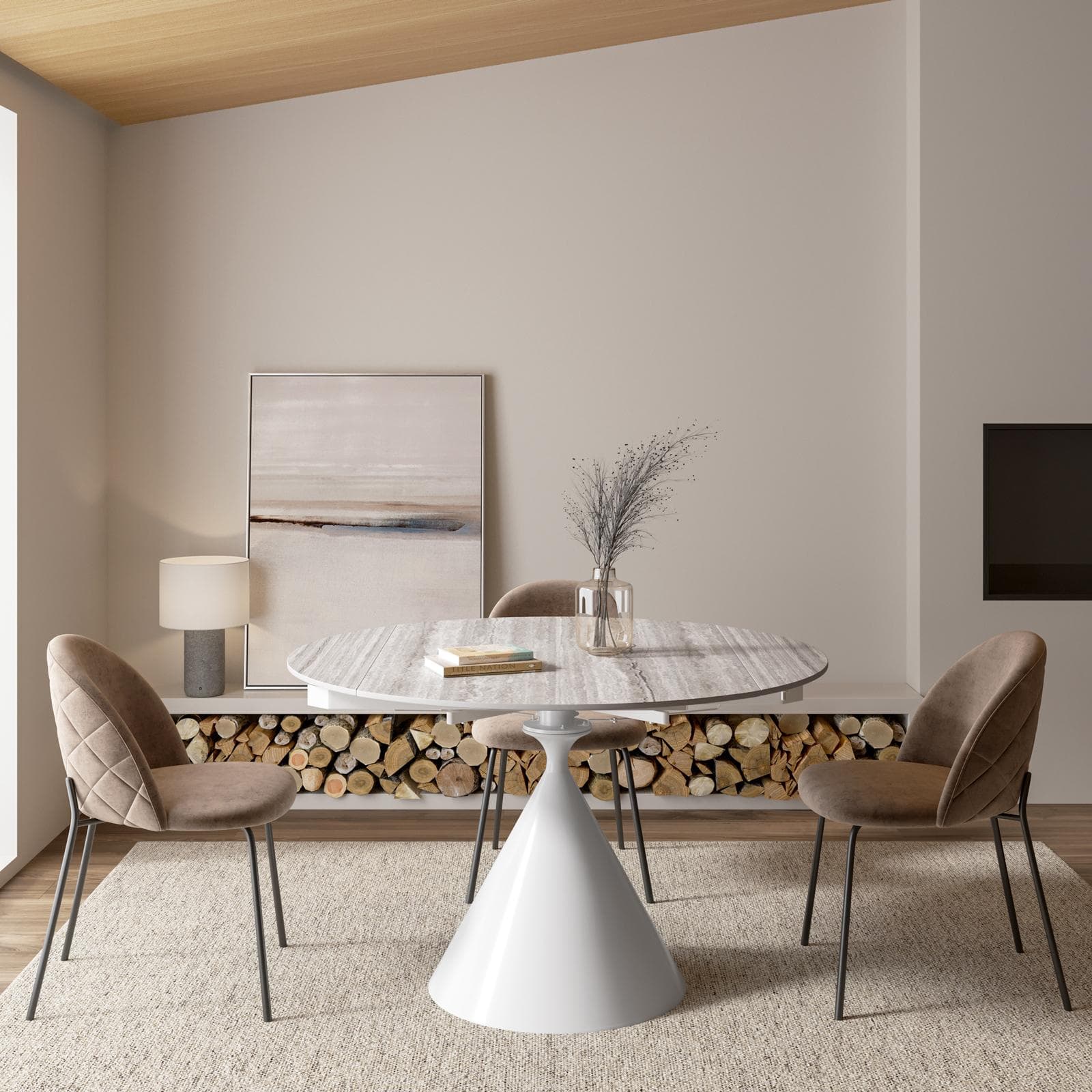 Tavolo allungabile 120x80-120 cm meccanismo girevole con top in ceramica effetto travertino beige e base bianca - Optimus