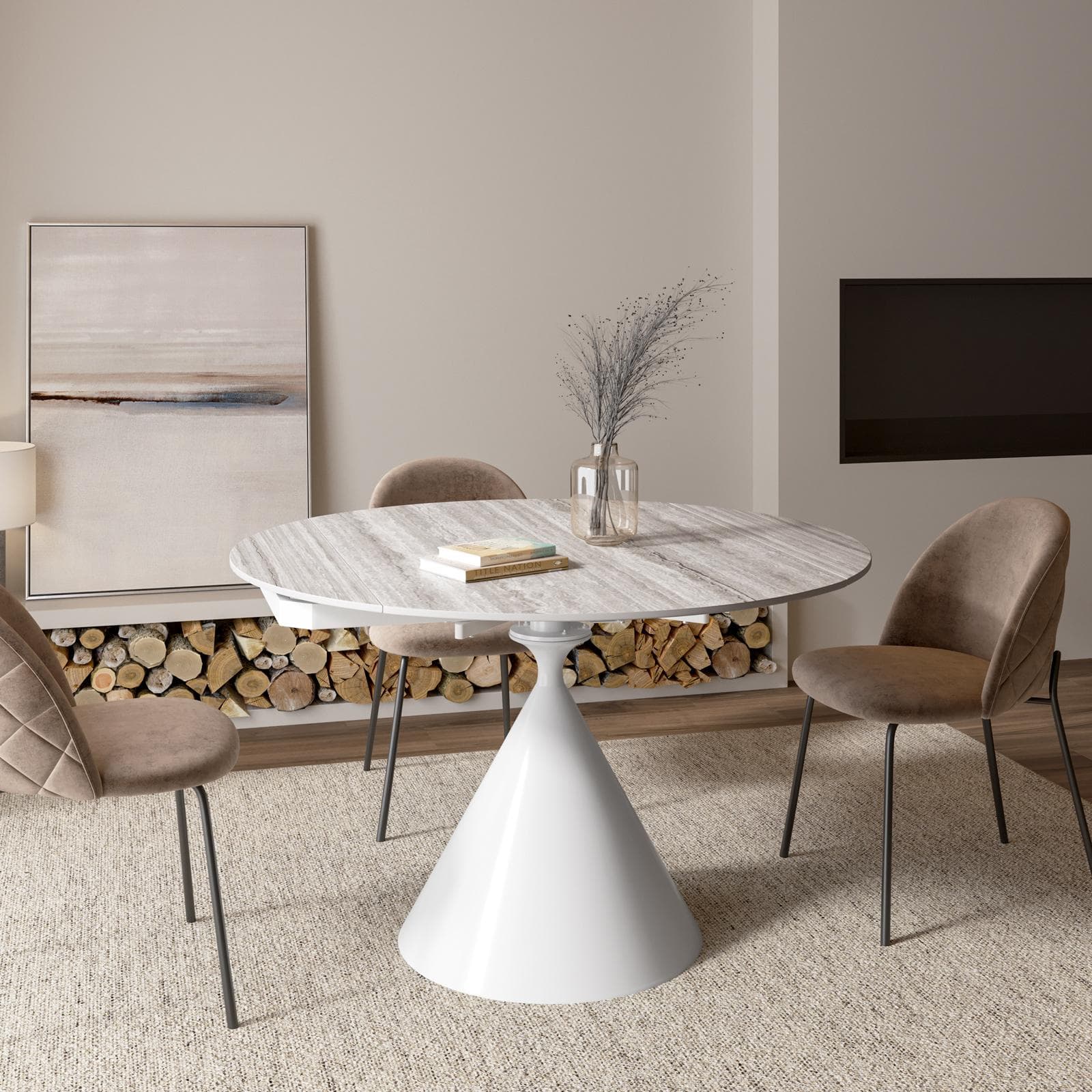 Tavolo allungabile 120x80-120 cm meccanismo girevole con top in ceramica effetto travertino beige e base bianca - Optimus