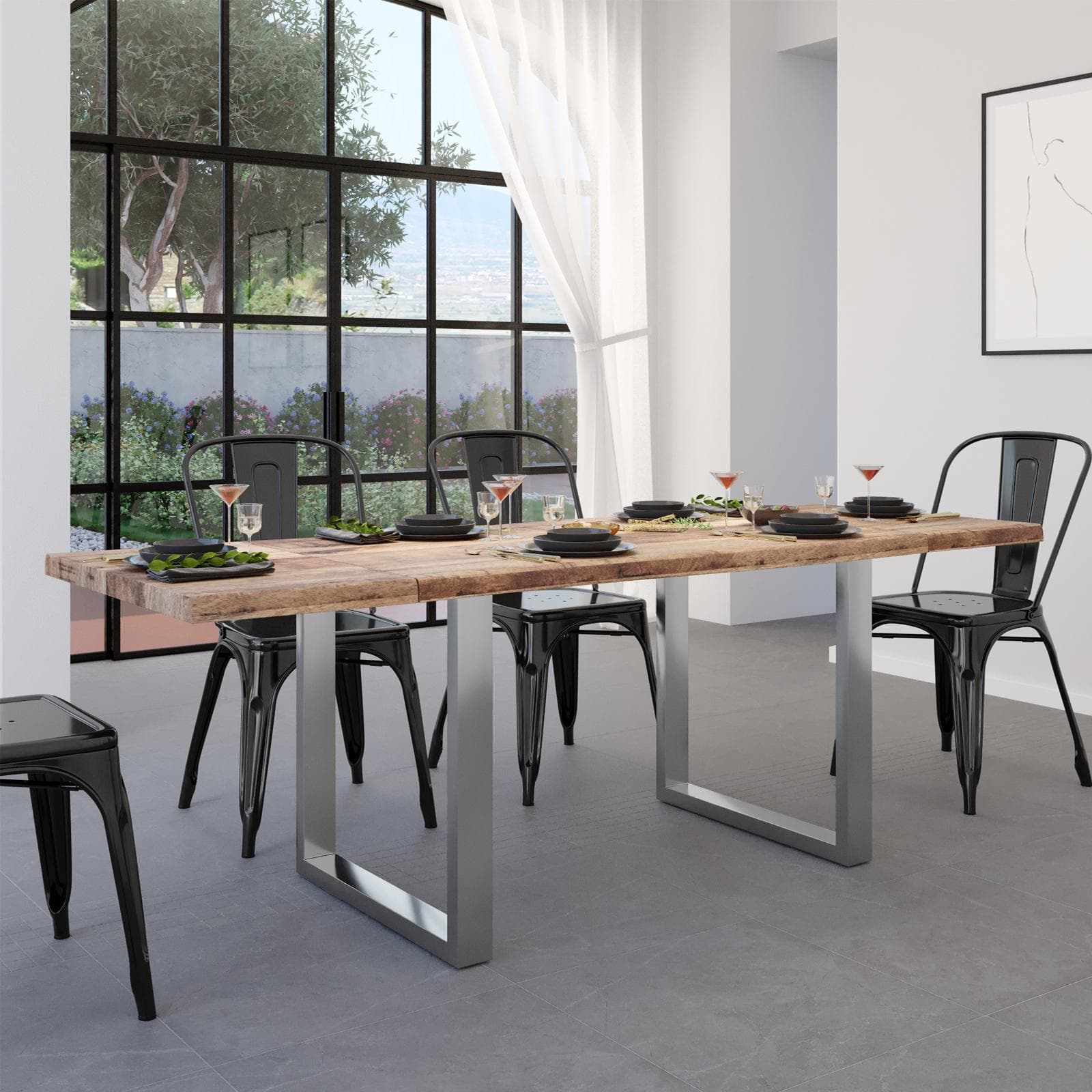 Tavolo allungabile 140-220x90 cm piano in legno di mango 26 mm e gambe a U 5x5 in metallo cromo - Freia Mango