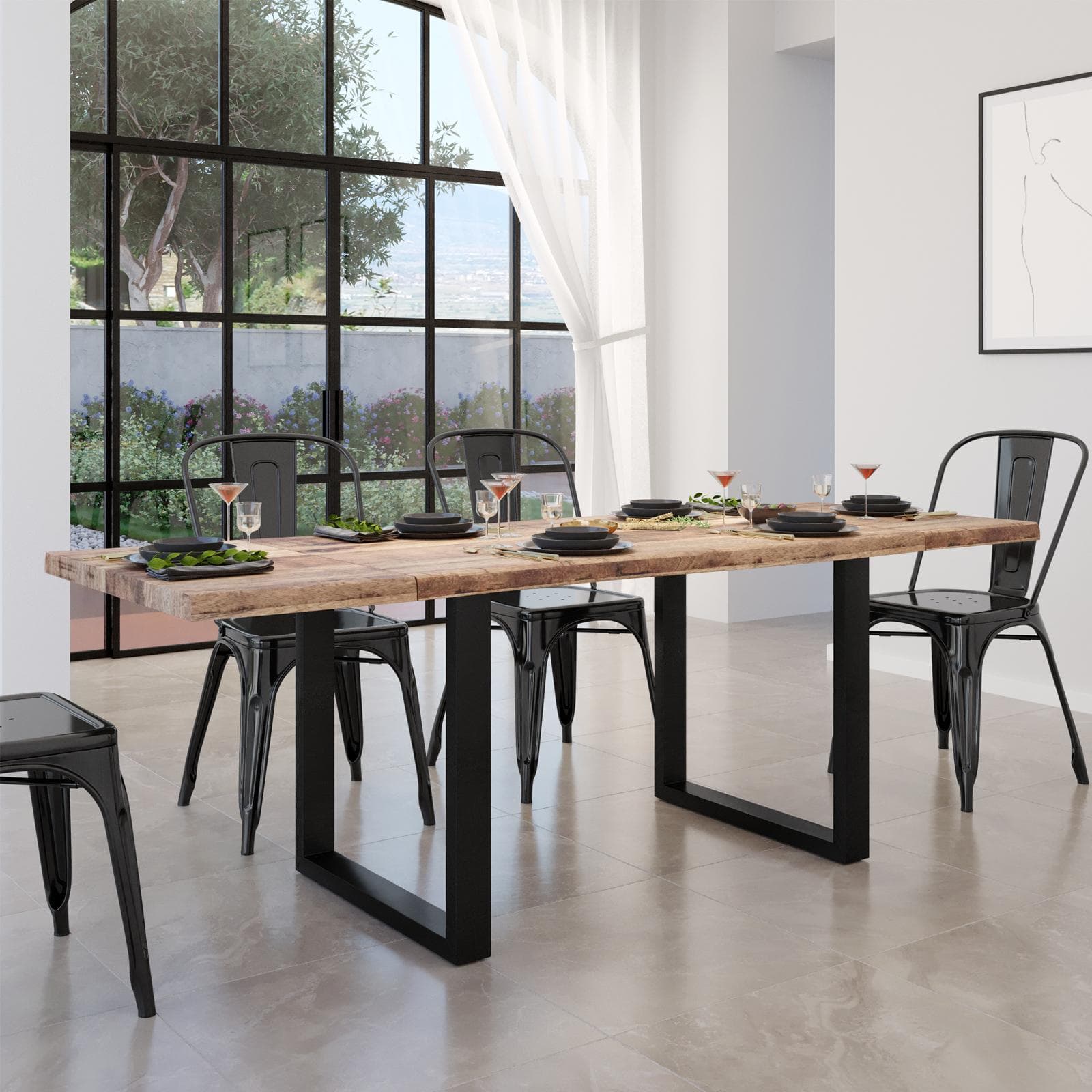 Tavolo allungabile 140-220x90 cm piano in legno di mango 26 mm e gambe a U 5x5 in metallo nero - Freia Mango