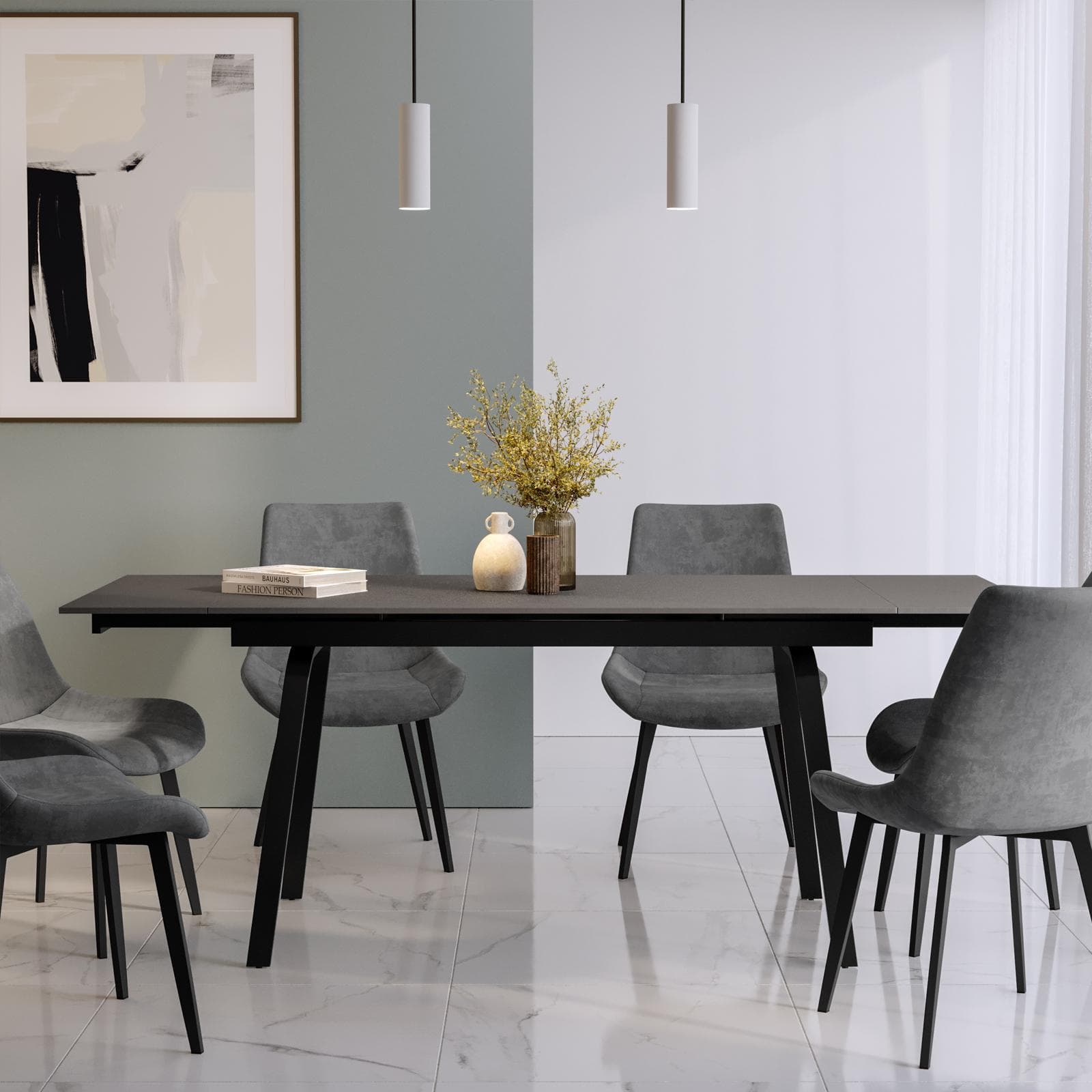 Tavolo allungabile 140-200x80 cm con top effetto marmo grigio e gambe in metallo - Mosley