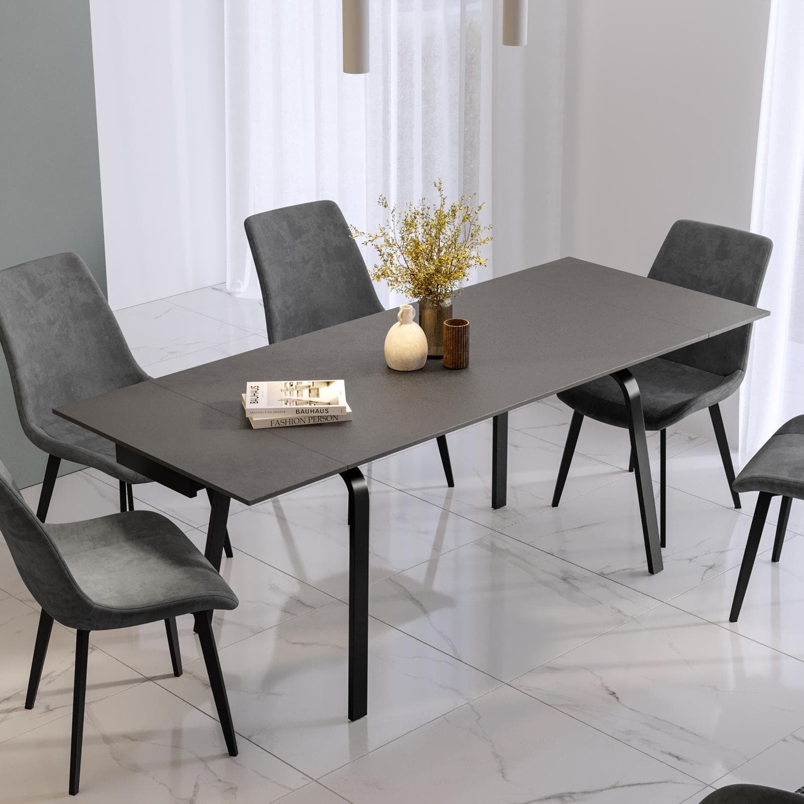 Tavolo allungabile 140-200x80 cm con top effetto marmo grigio e gambe in metallo - Mosley
