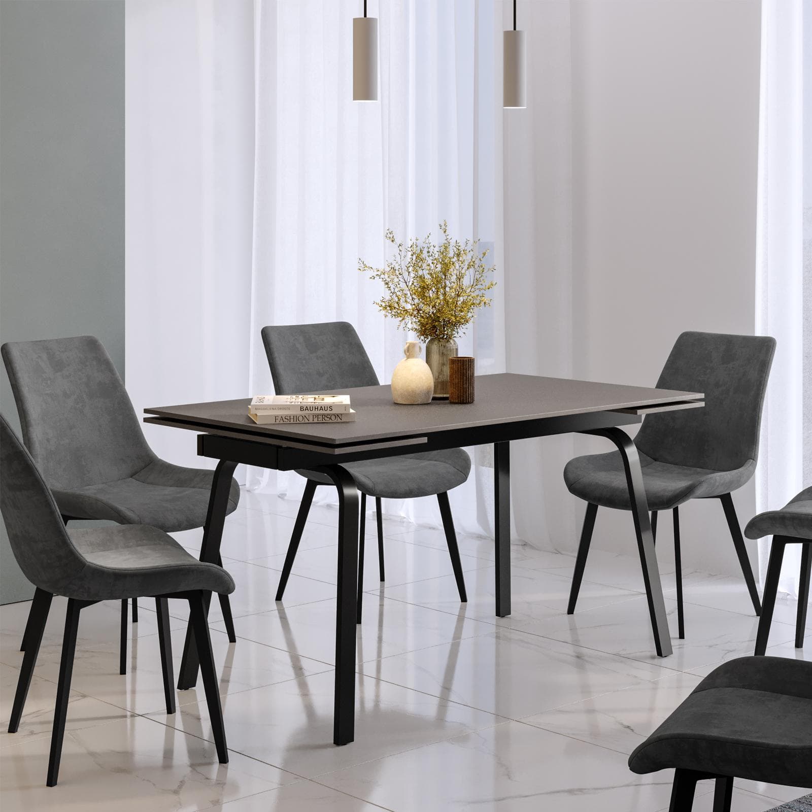 Tavolo allungabile 140-200x80 cm con top effetto marmo grigio e gambe in metallo - Mosley
