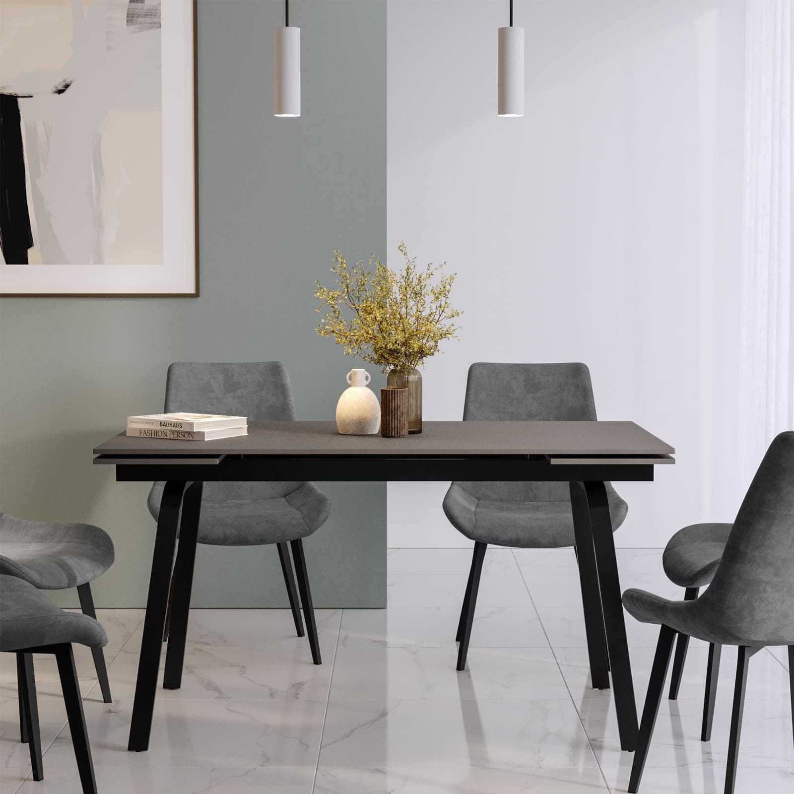 Tavolo allungabile 140-200x80 cm con top effetto marmo grigio e gambe in metallo - Mosley