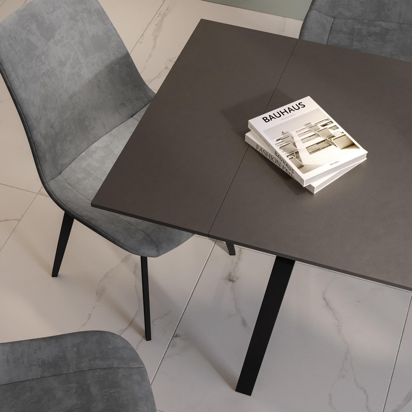 Tavolo allungabile 140-200x80 cm con top effetto marmo grigio e gambe in metallo - Mosley