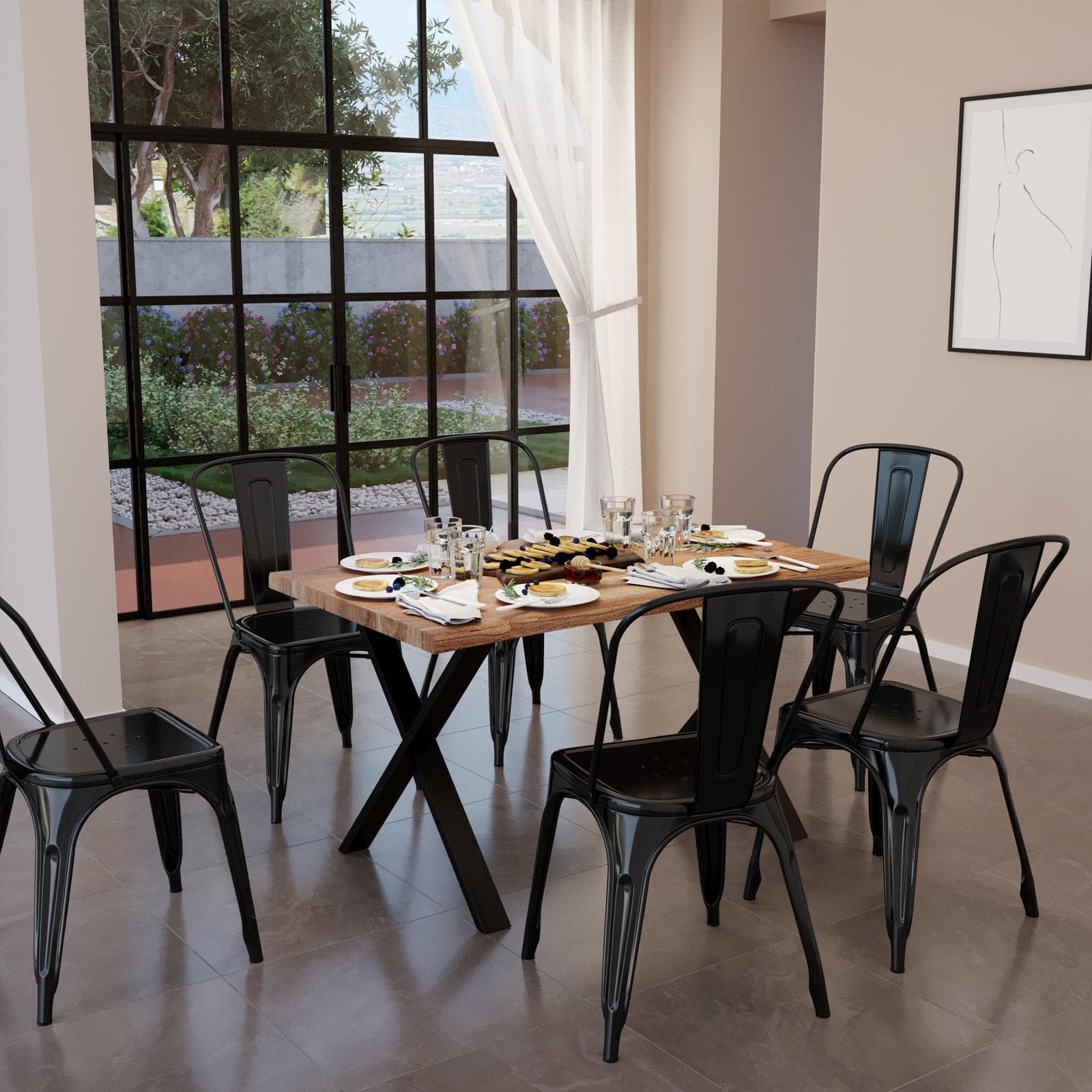 Tavolo allungabile 140-220x90 cm piano in legno di acacia 26 mm e gambe a X 8x4 in metallo nero - Freia Stone