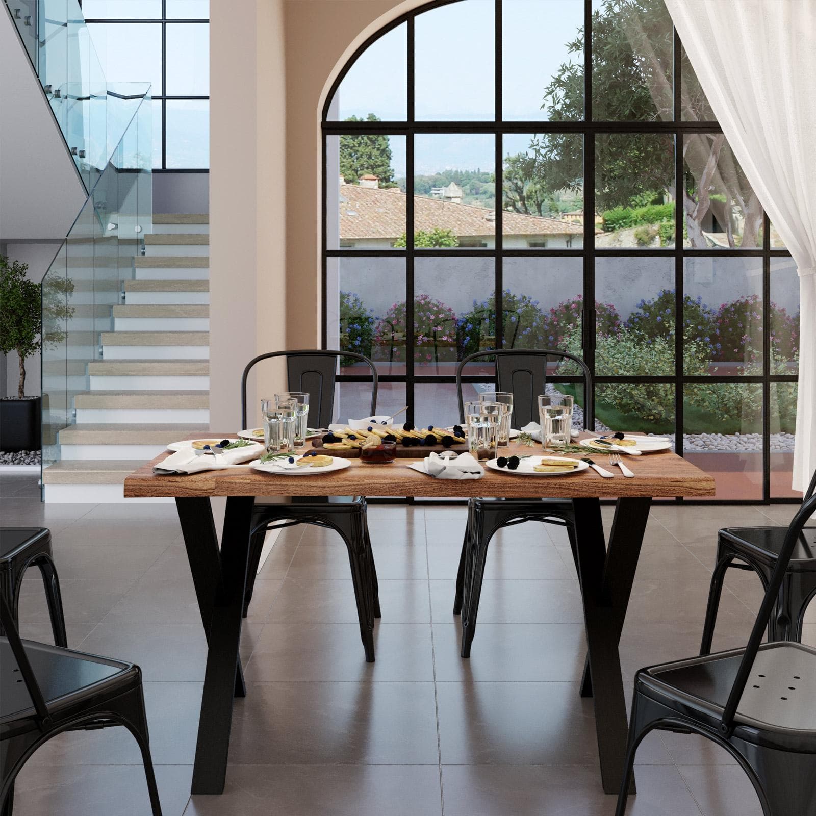 Tavolo allungabile 140-220x90 cm piano in legno di acacia 26 mm e gambe a X 8x4 in metallo nero - Freia Stone