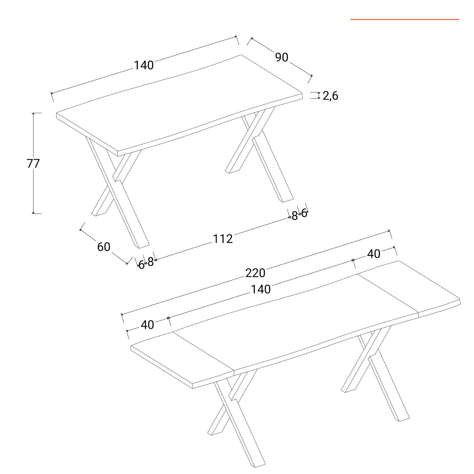 Tavolo allungabile 140-220x90 cm piano in legno di acacia 26 mm e gambe a X 8x4 in metallo nero - Freia Stone