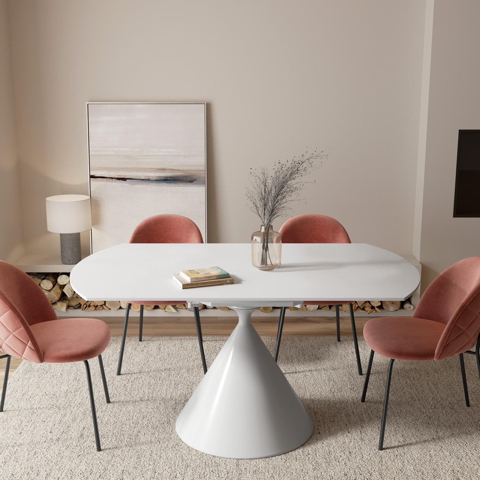 Tavolo allungabile 150x90-150 cm meccanismo girevole con top in ceramica bianco e base in metallo - Optimus