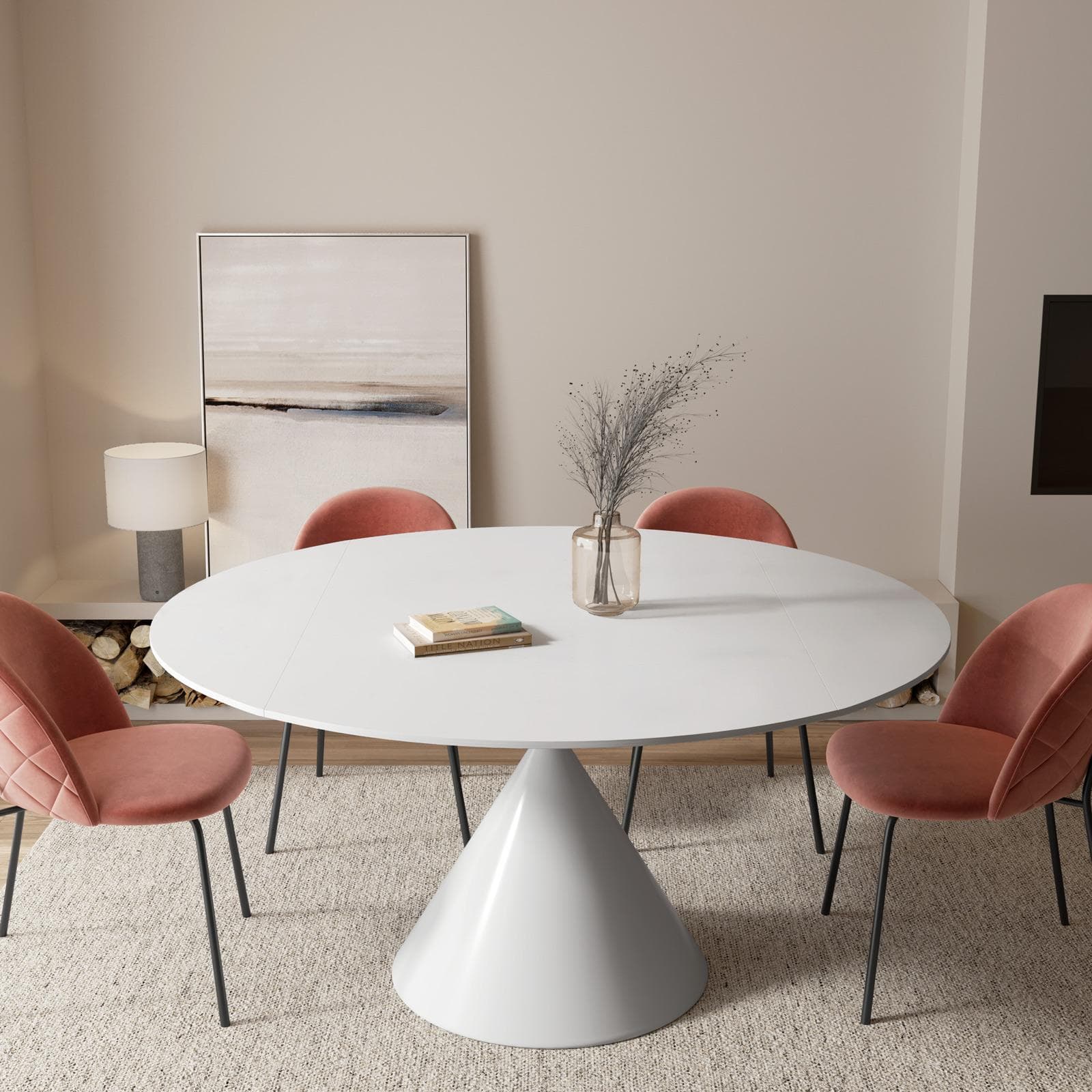 Tavolo allungabile 150x90-150 cm meccanismo girevole con top in ceramica bianco e base in metallo - Optimus