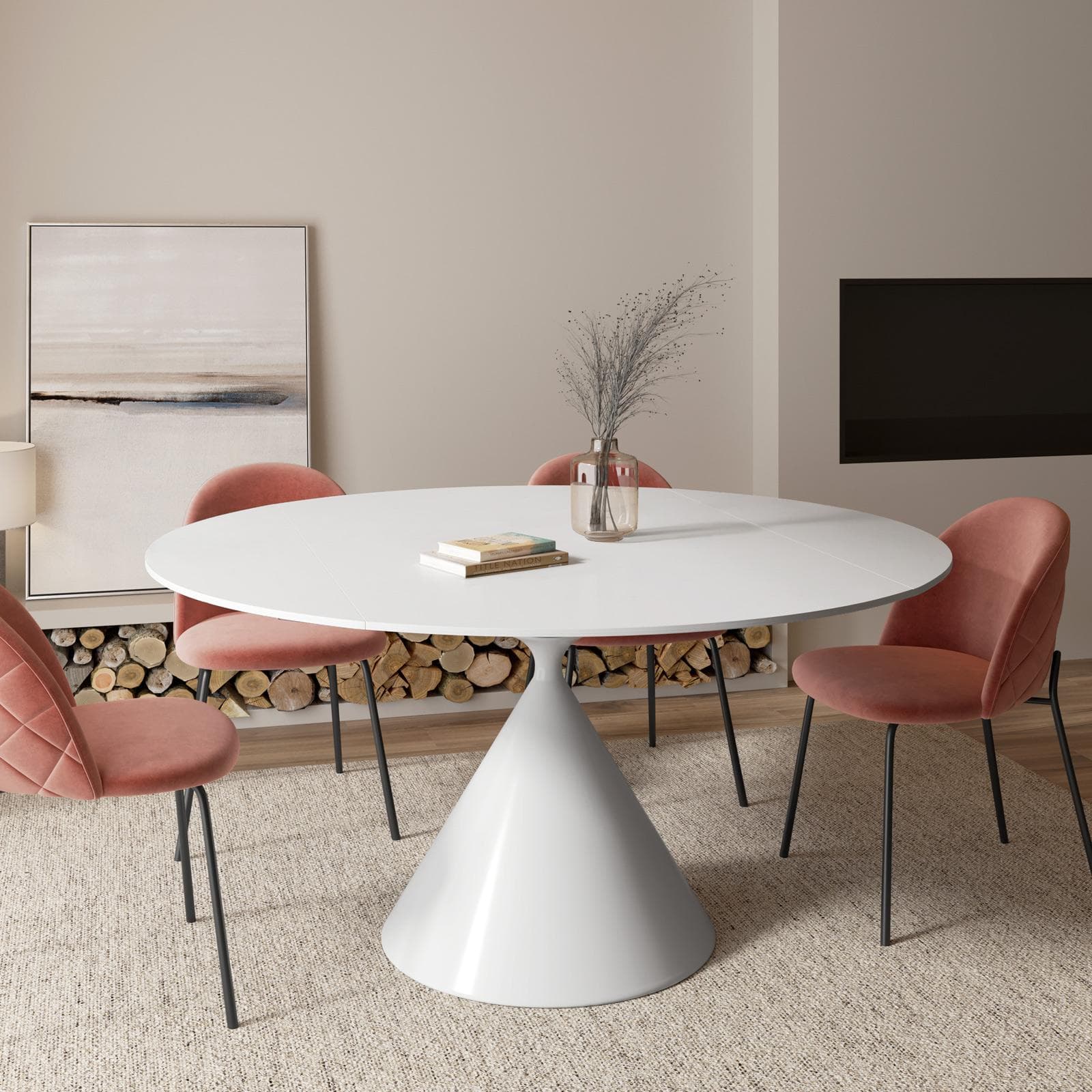 Tavolo allungabile 150x90-150 cm meccanismo girevole con top in ceramica bianco e base in metallo - Optimus