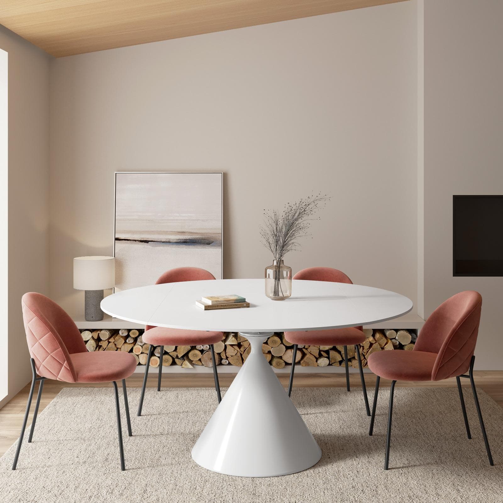Tavolo allungabile 150x90-150 cm meccanismo girevole con top in ceramica bianco e base in metallo - Optimus