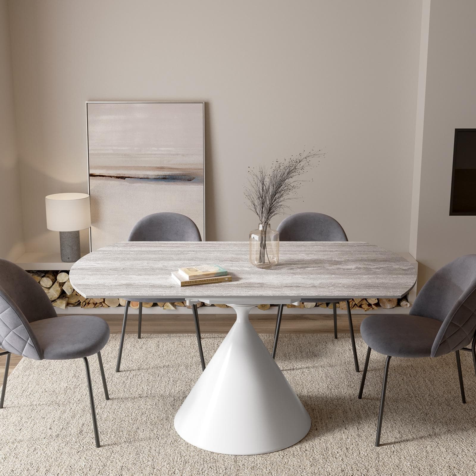 Tavolo allungabile 150x90-150 cm meccanismo girevole con top in ceramica effetto travertino beige e base bianca - Optimus