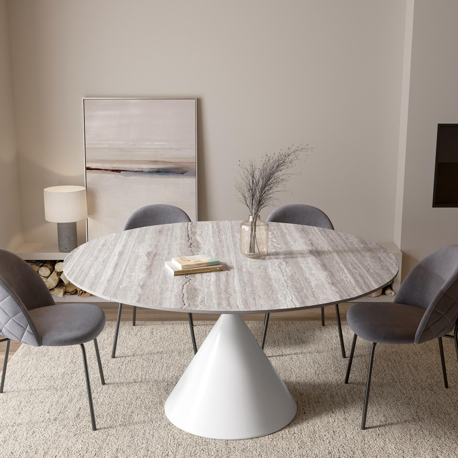 Tavolo allungabile 150x90-150 cm meccanismo girevole con top in ceramica effetto travertino beige e base bianca - Optimus