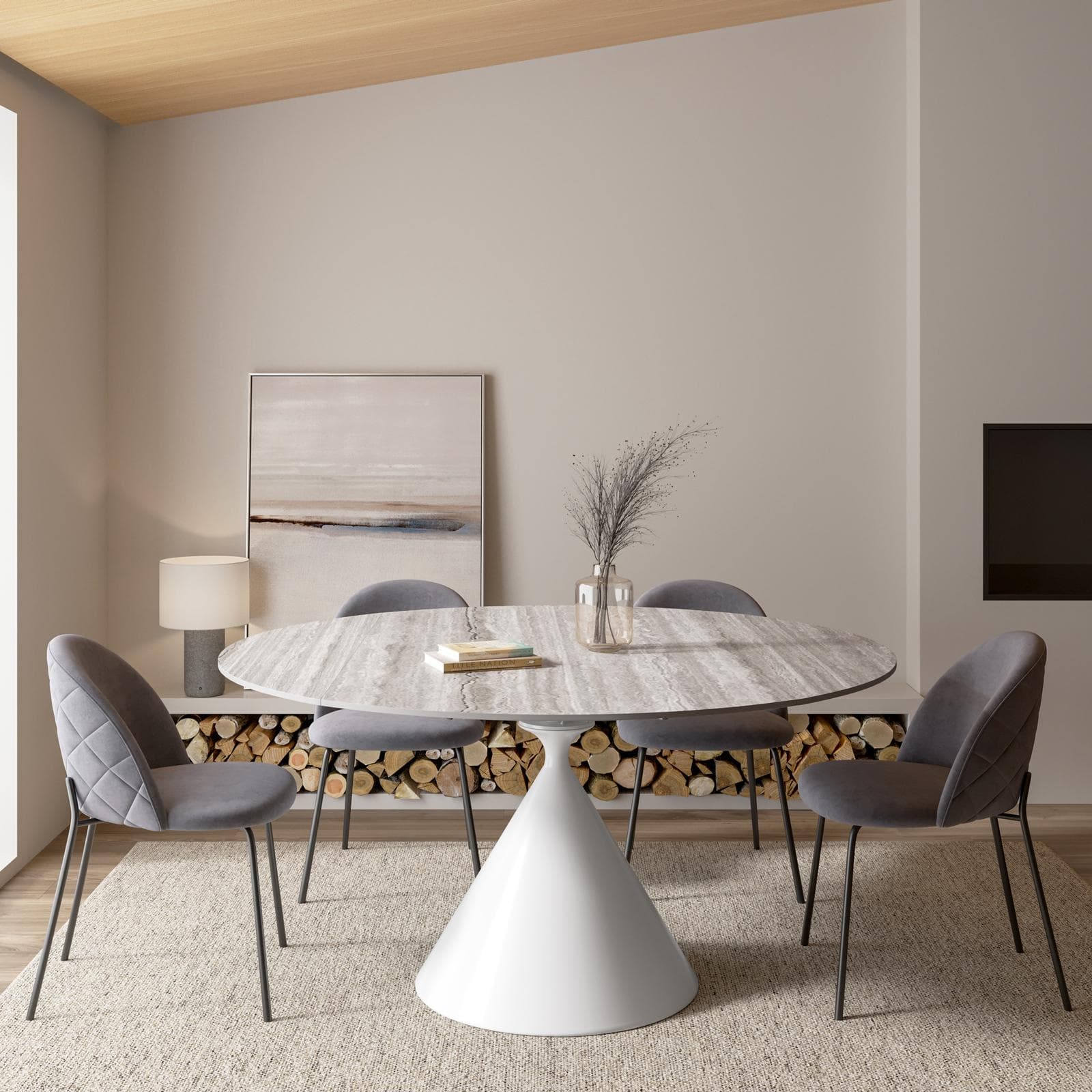 Tavolo allungabile 150x90-150 cm meccanismo girevole con top in ceramica effetto travertino beige e base bianca - Optimus