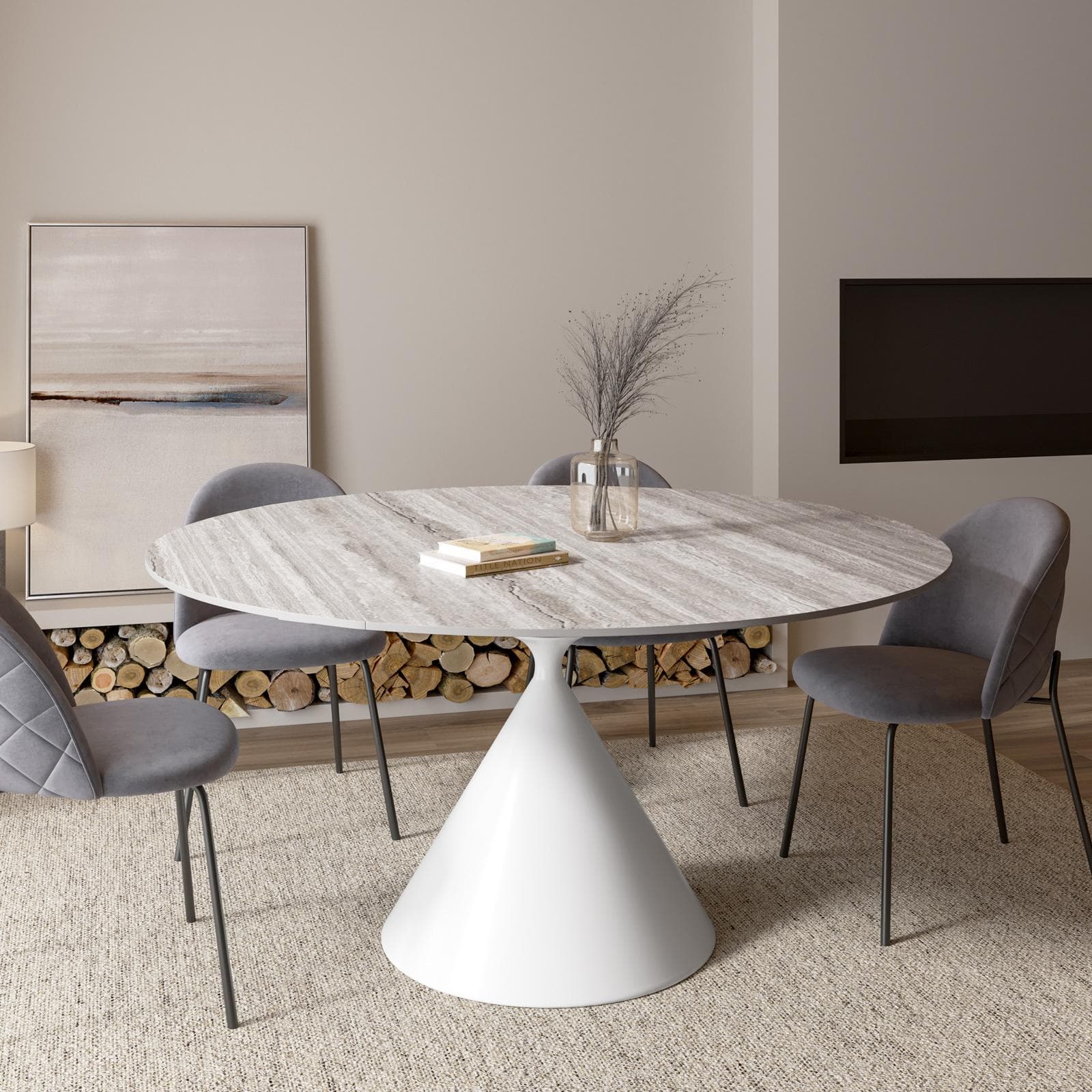 Tavolo allungabile 150x90-150 cm meccanismo girevole con top in ceramica effetto travertino beige e base bianca - Optimus