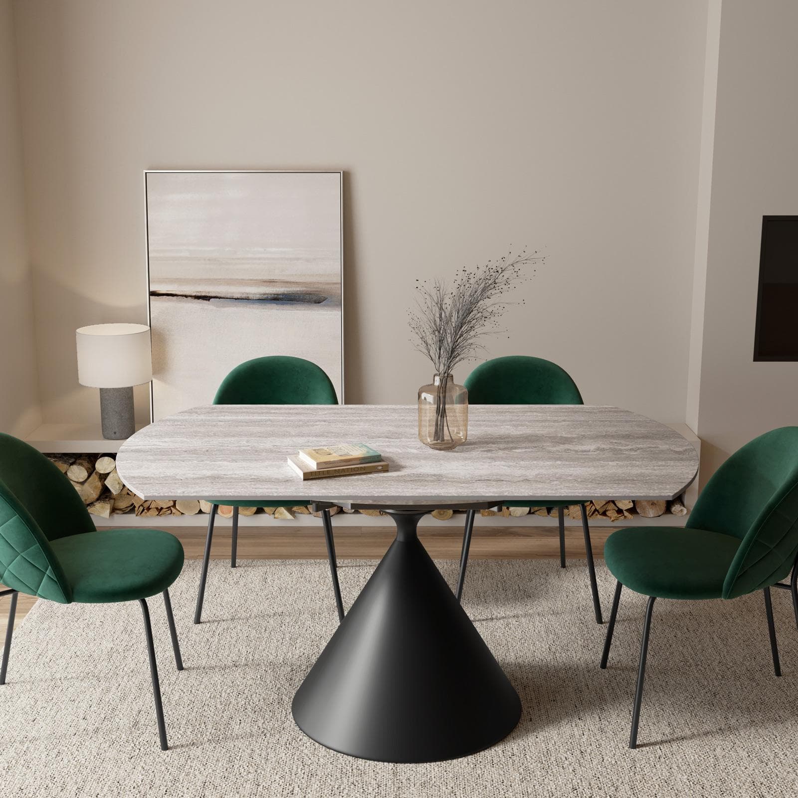Tavolo allungabile 150x90-150 cm meccanismo girevole con top in ceramica effetto travertino beige e base nera - Optimus