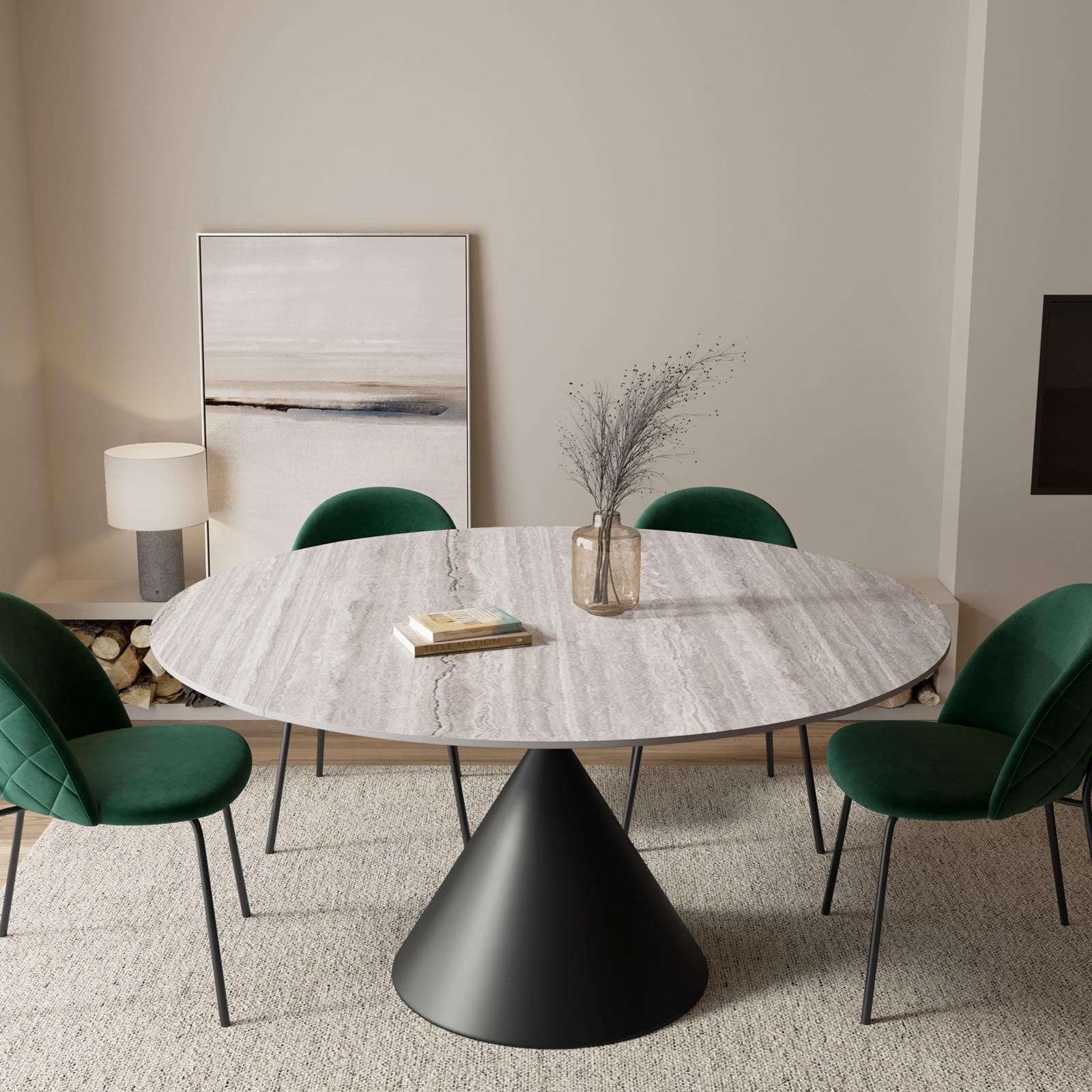 Tavolo allungabile 150x90-150 cm meccanismo girevole con top in ceramica effetto travertino beige e base nera - Optimus