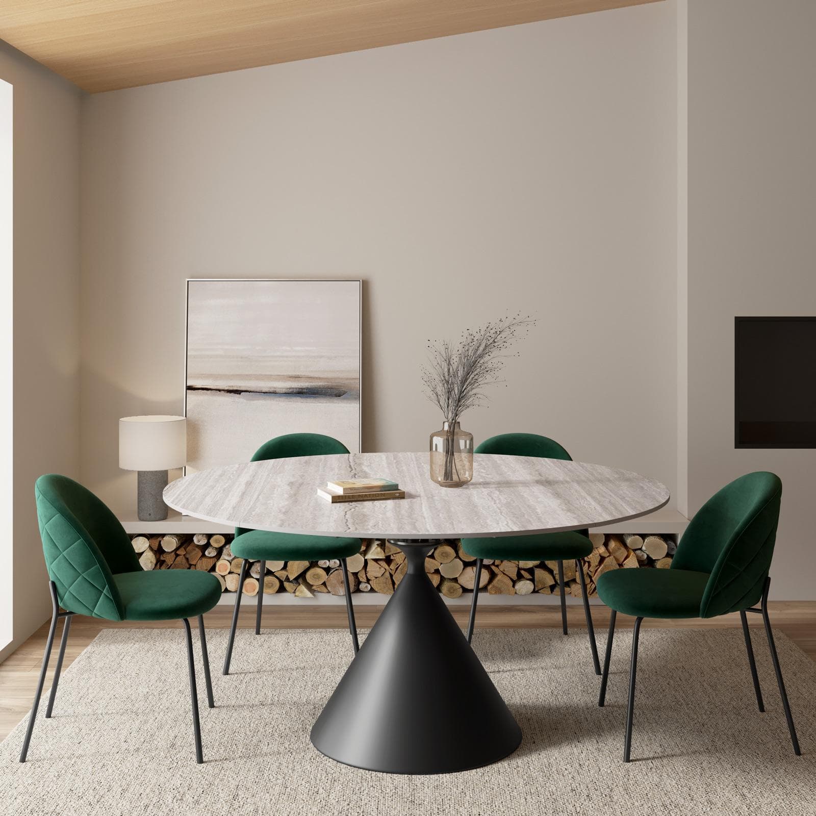 Tavolo allungabile 150x90-150 cm meccanismo girevole con top in ceramica effetto travertino beige e base nera - Optimus