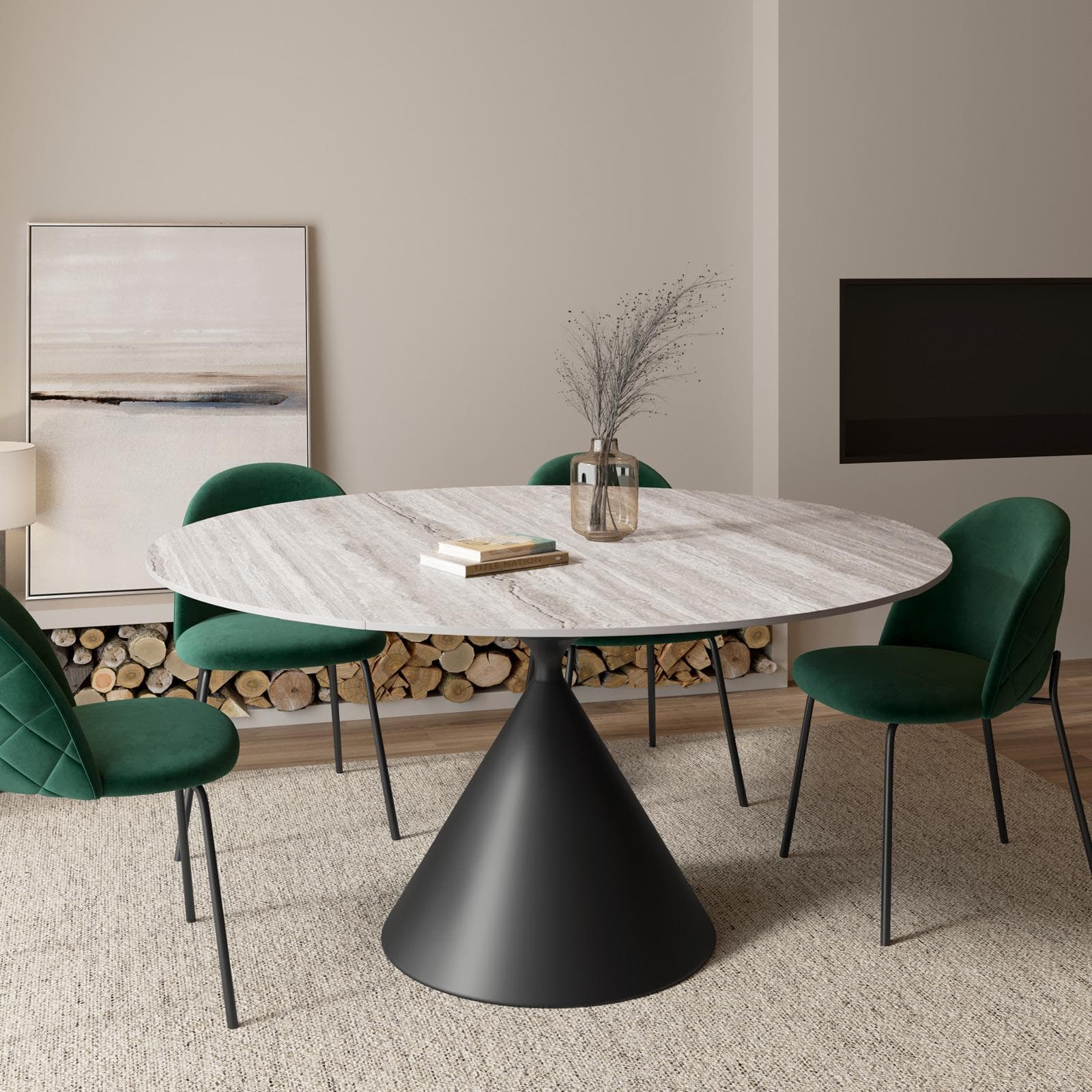 Tavolo allungabile 150x90-150 cm meccanismo girevole con top in ceramica effetto travertino beige e base nera - Optimus