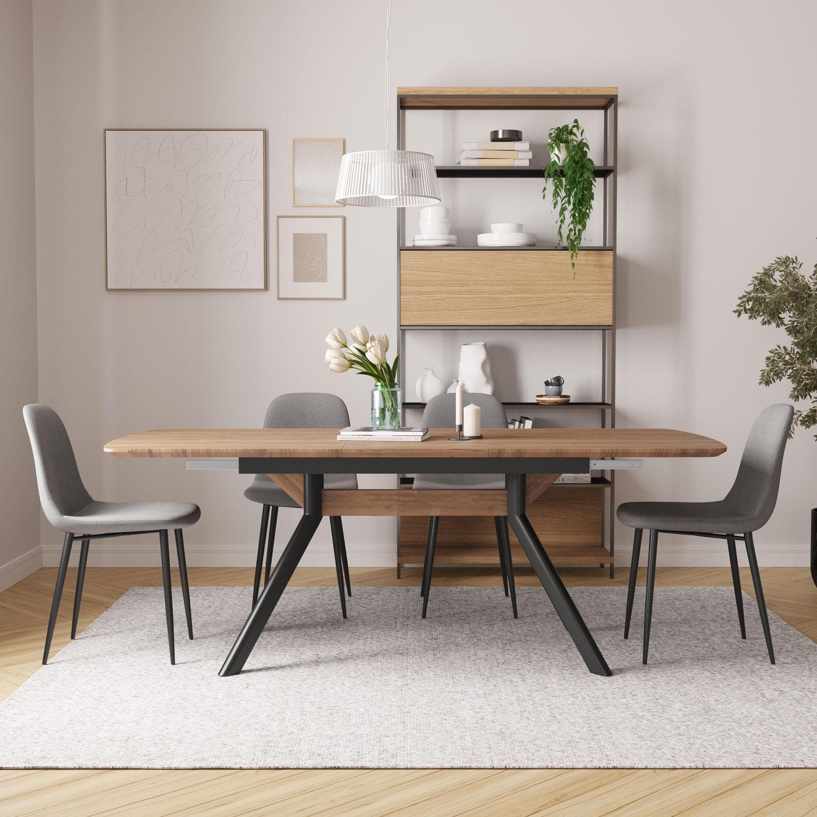 Tavolo allungabile 160-200x95 cm con top rovere alba e gambe in metallo nero - Vortice