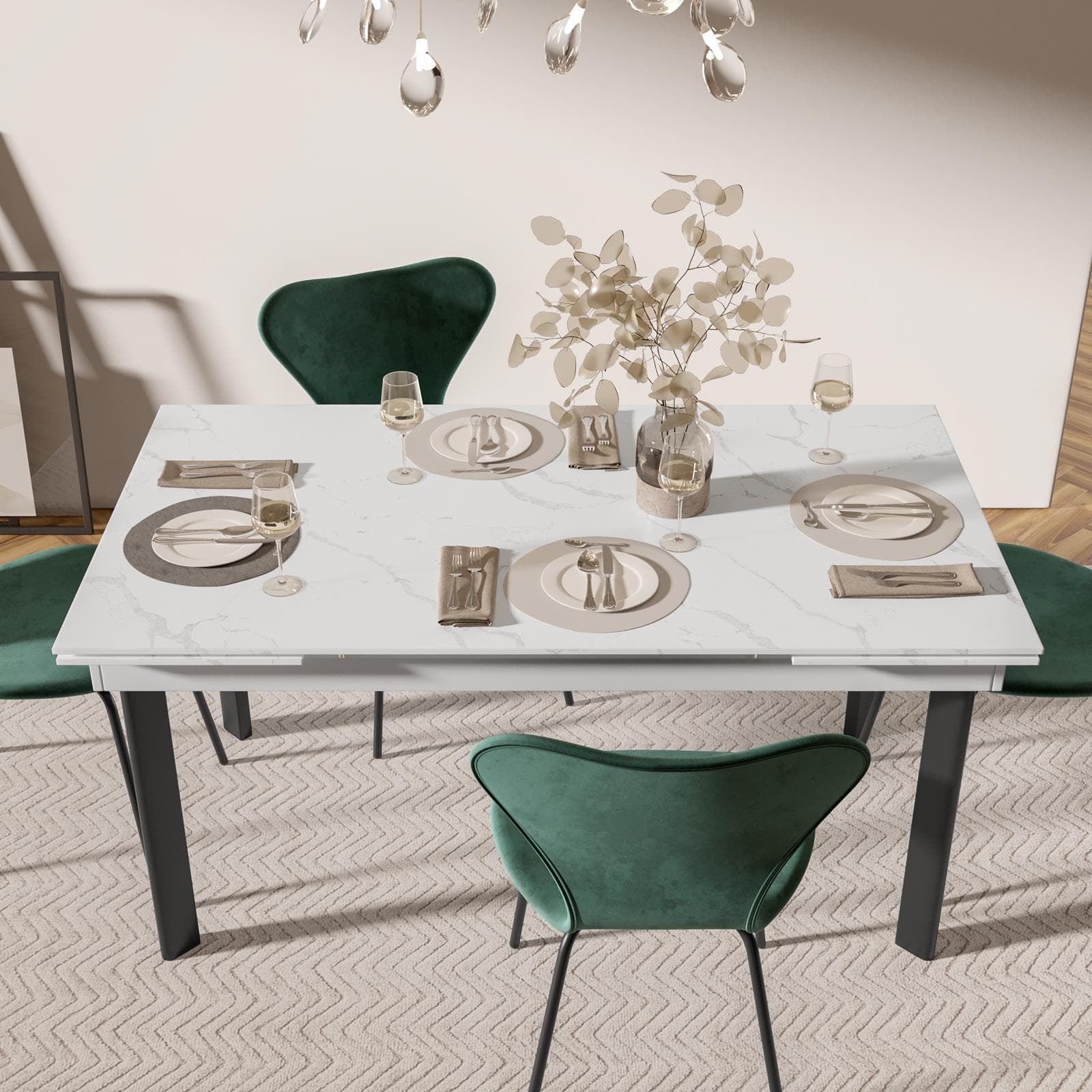 Tavolo allungabile 160-220x90 cm con piano in ceramica bianco effetto marmo e gambe nere - Convito