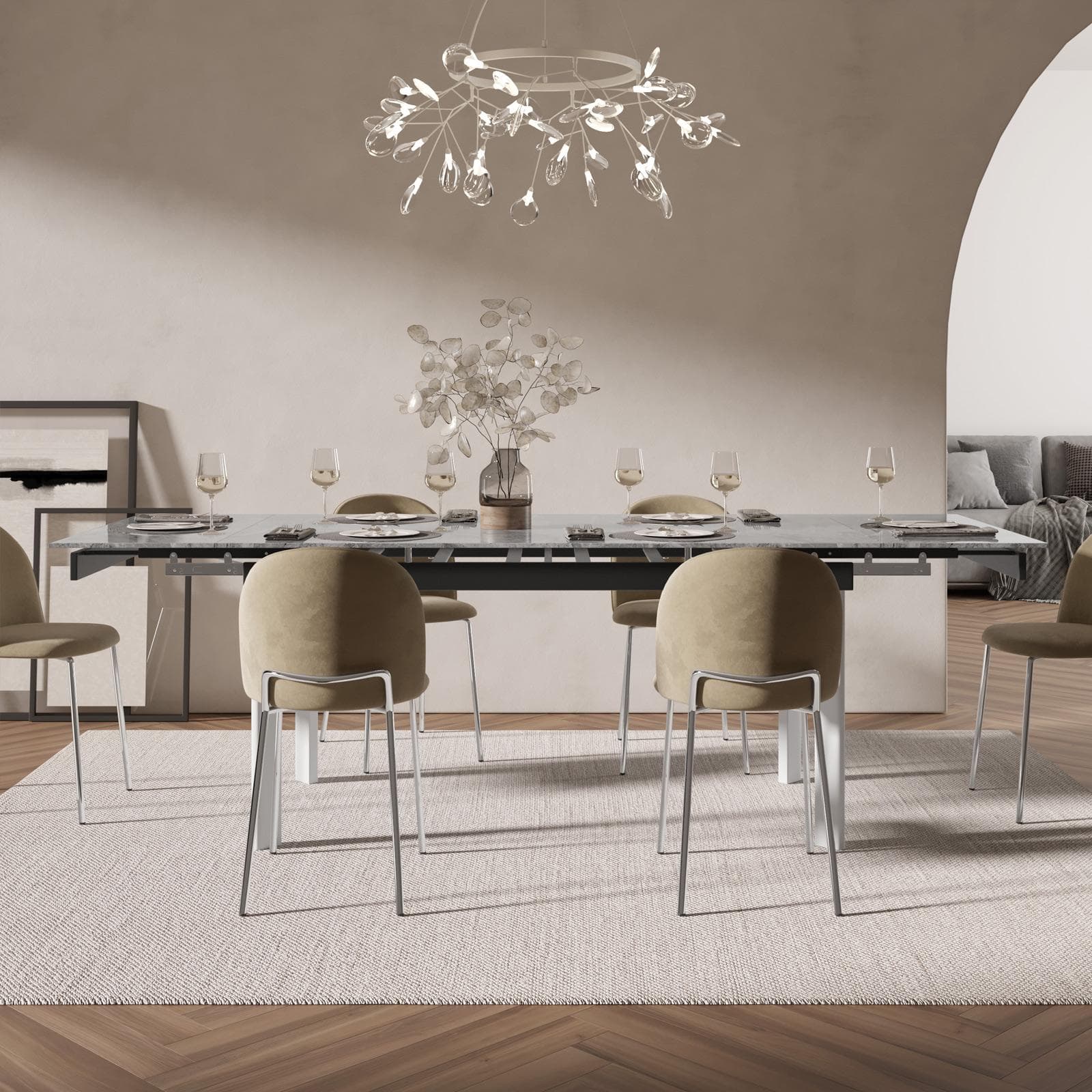 Tavolo allungabile 160-220x90 cm top in ceramica grigio effetto marmo e gambe in metallo bianco - Convito