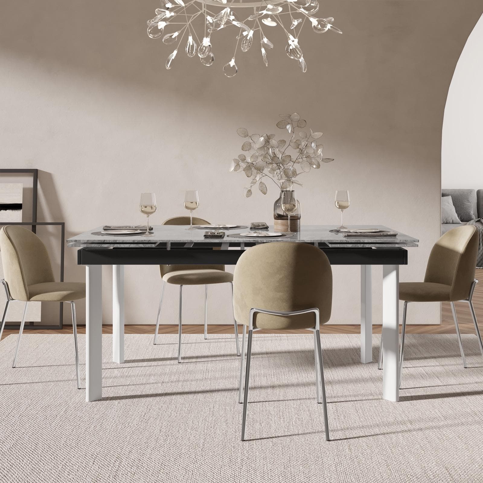 Tavolo allungabile 160-220x90 cm top in ceramica grigio effetto marmo e gambe in metallo bianco - Convito