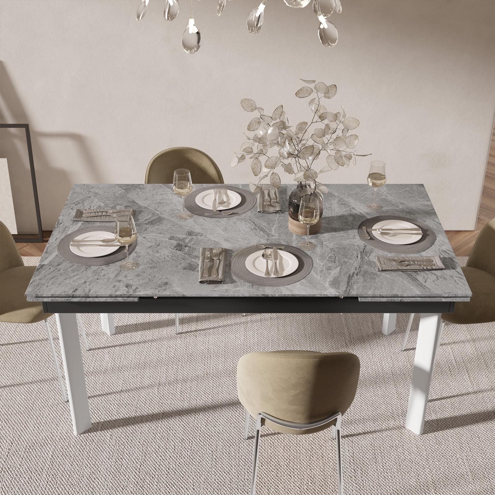 Tavolo allungabile 160-220x90 cm top in ceramica grigio effetto marmo e gambe in metallo bianco - Convito