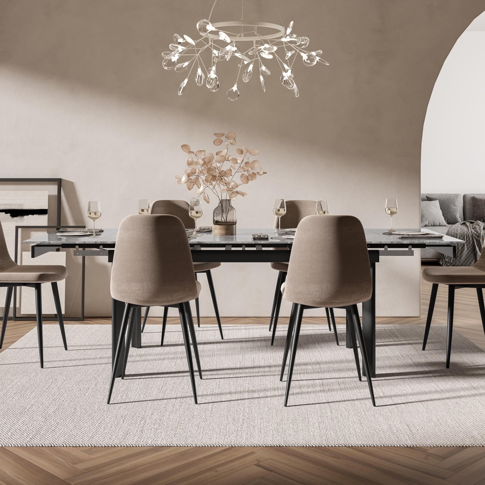 Tavolo allungabile 160-220x90 cm con piano in ceramica grigio effetto marmo e gambe in metallo nero - Convito