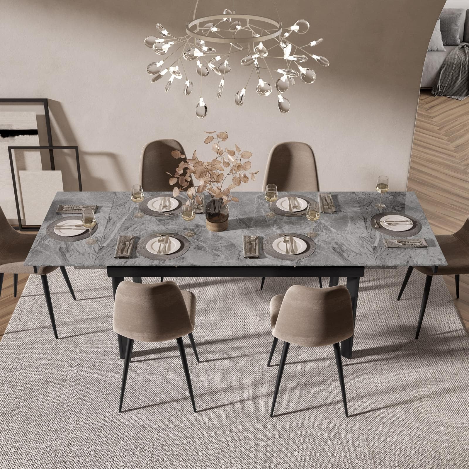 Tavolo allungabile 160-220x90 cm con piano in ceramica grigio effetto marmo e gambe in metallo nero - Convito