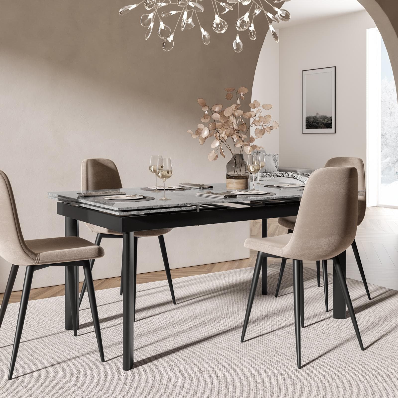 Tavolo allungabile 160-220x90 cm con piano in ceramica grigio effetto marmo e gambe in metallo nero - Convito
